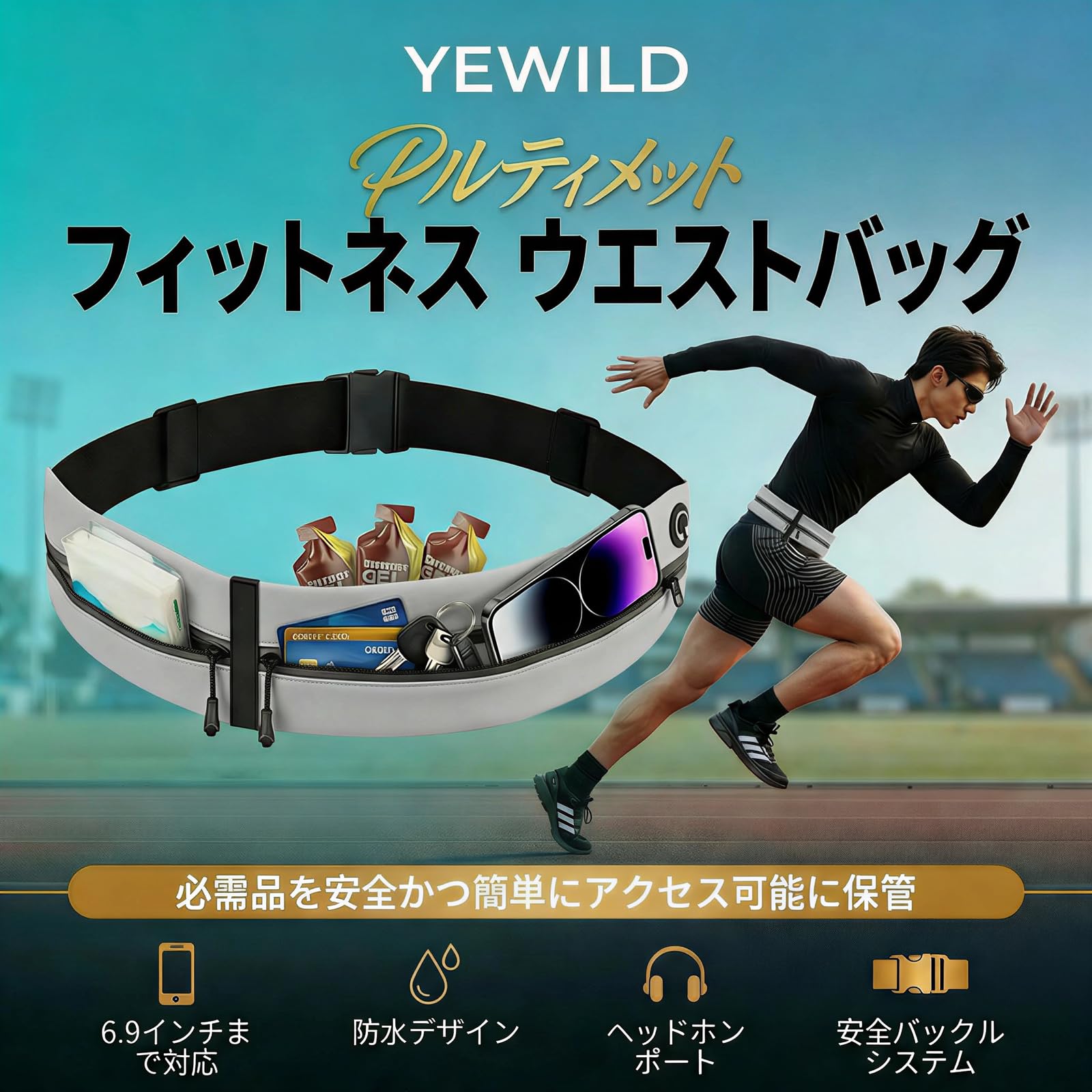 ランニングポーチ ウエストポーチ 大容量 防水 防汗 揺れない 伸縮 軽量 快適 スマホ対応 ジョギング ウォーキング サイクリング ハイキング メンズ レディース（グレー） - 2