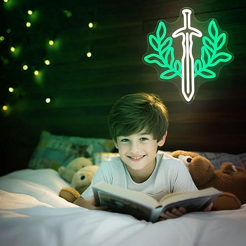 Miniatura 6 de Letrero de Neón de Libro de Espada de Fantasía Luz de Neón Verde Regulable Arte de Pared para Salas de Juegos y Amantes de los Libros de Fantasía
