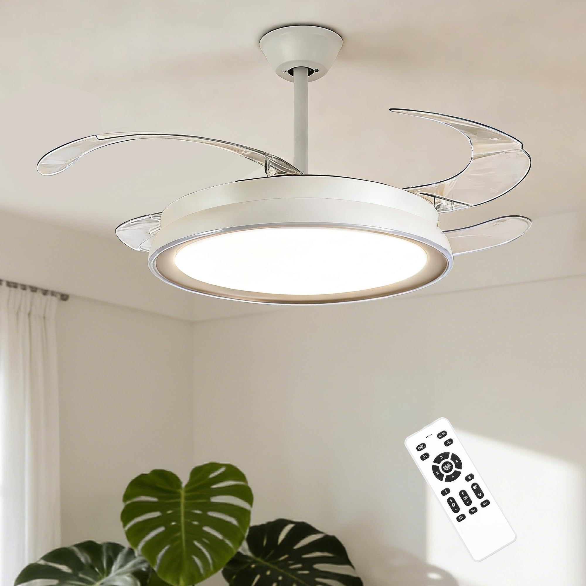 107CM Retratable Ceiling Fan with Lights & Remote, 6 Speed DC Reversible Full Copper Motor, Continous Dimmable LED Ceiling Lights, Retractable Blades, for Living Room, Bedroom, Kitchen (White-B)