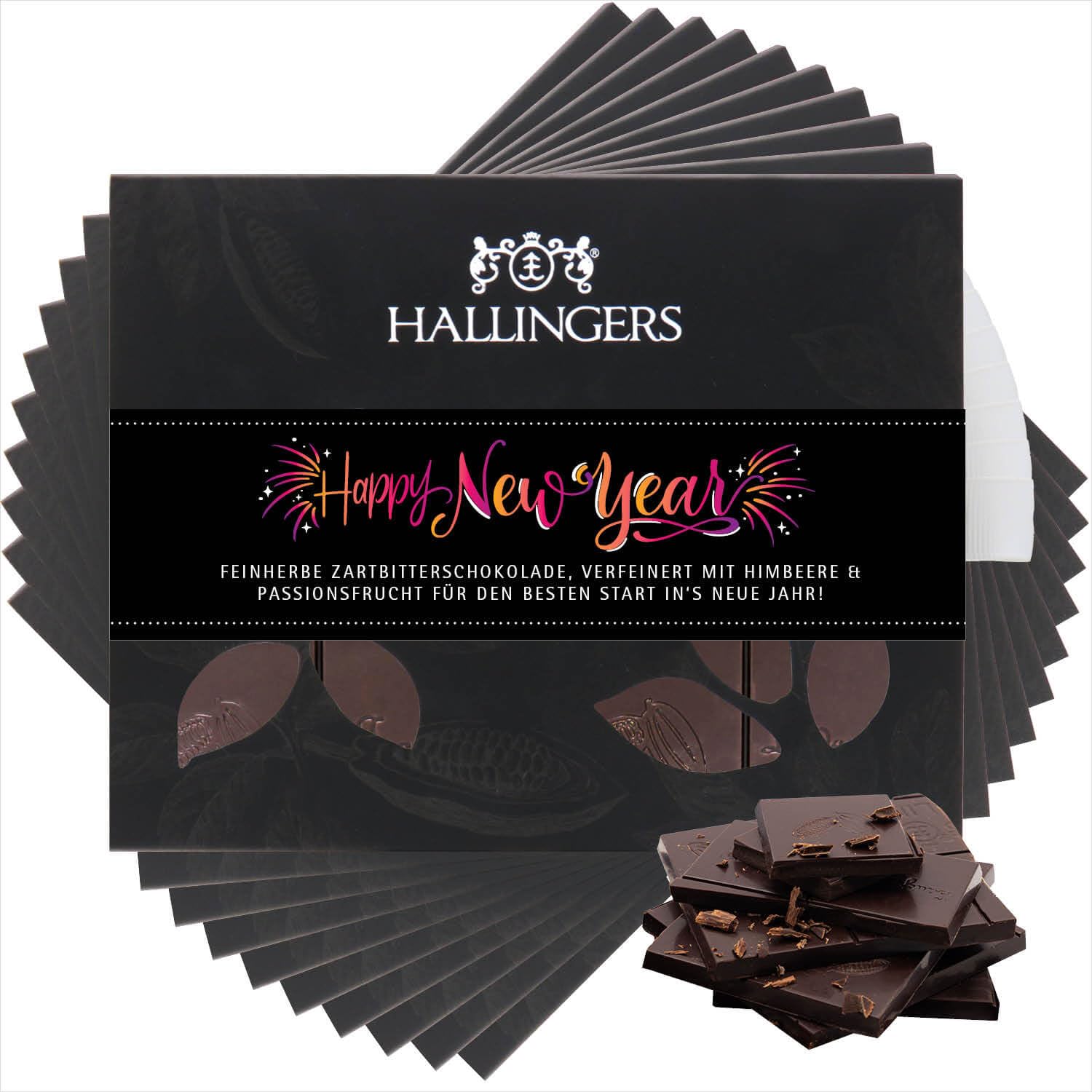 Hallingers Genuss Manufaktur Vegane Schokolade Weihnachts-Geschenk - Tafel handgeschöpfter Edelkakao ohne Alkohol edler Karton 10x "Happy New Year ..." Himbeer-Maracuja, Weihnachten für Frauen Männer