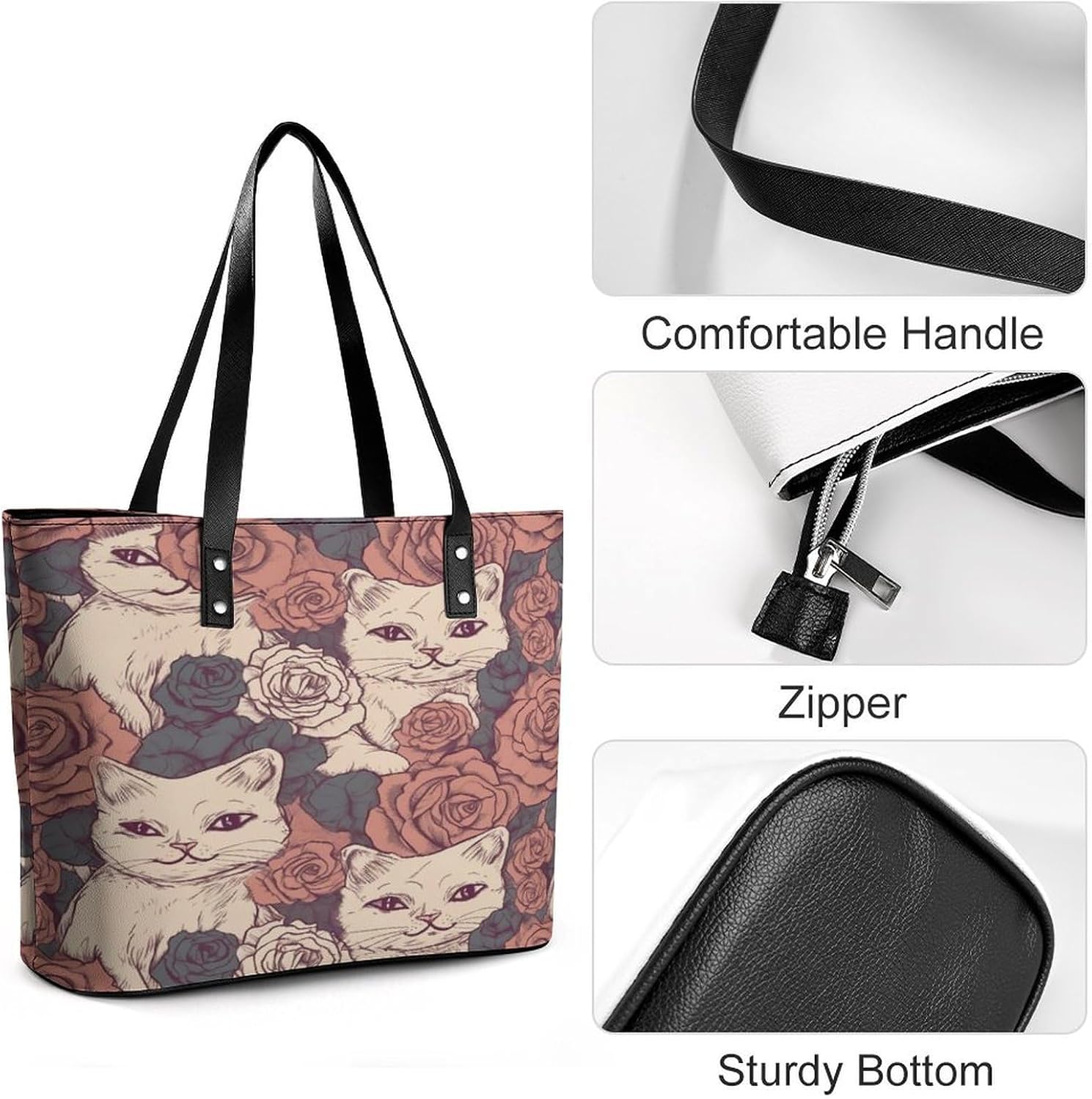Rose Cat Tote Bag with Reinforced Bottom & Handles,Gym Bag Durable And Tip-proof,Weekender Bag to Top Zipper Closure,Daily Essentials