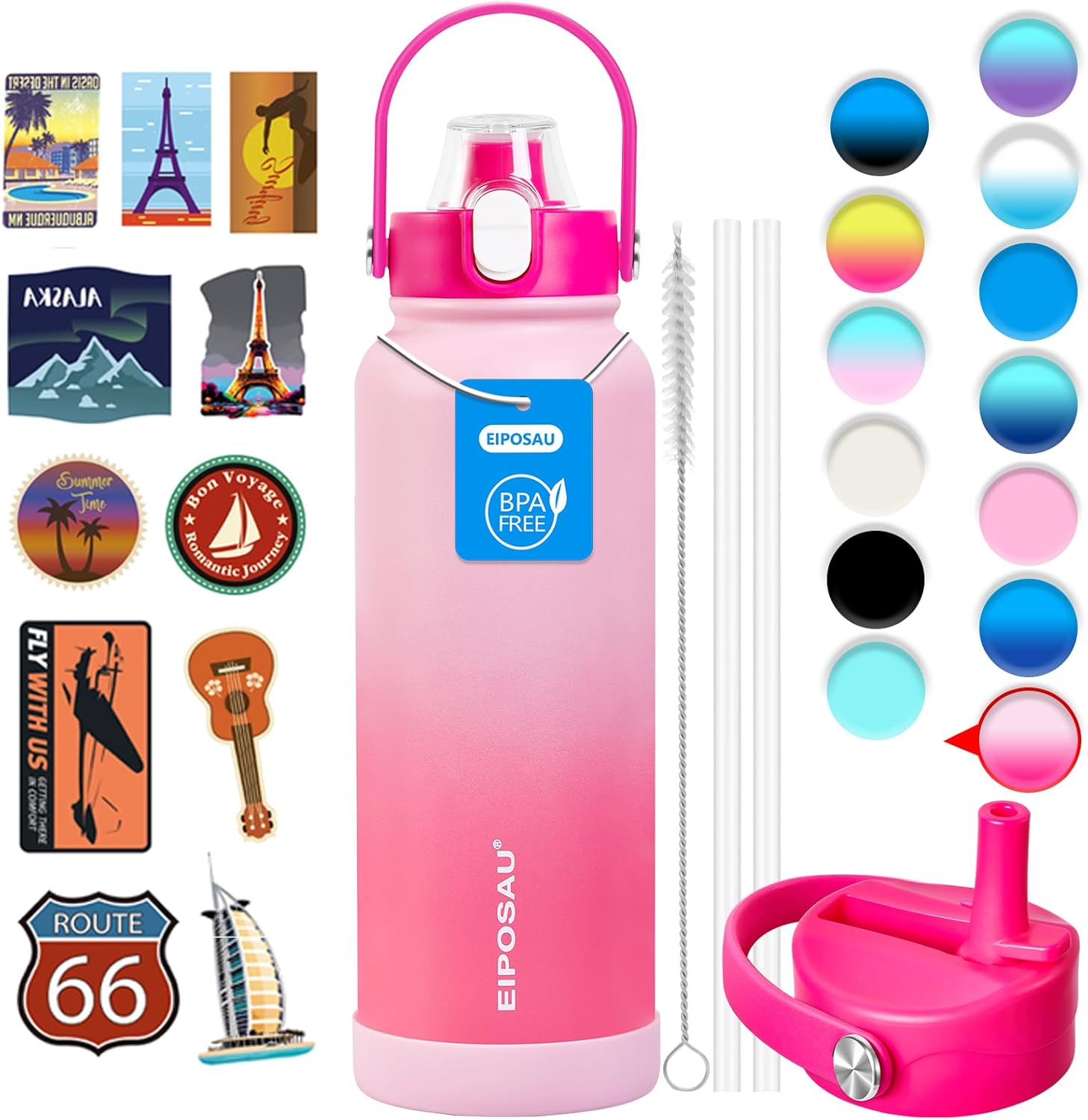Insulated Water Bottle with Lid & Boot & Stickers, 40 oz Stainless Steel Sweat Free Bottle Keep Cold 24H, BPA-Free Sports Wide Mouth Water Bottle, PinkRed