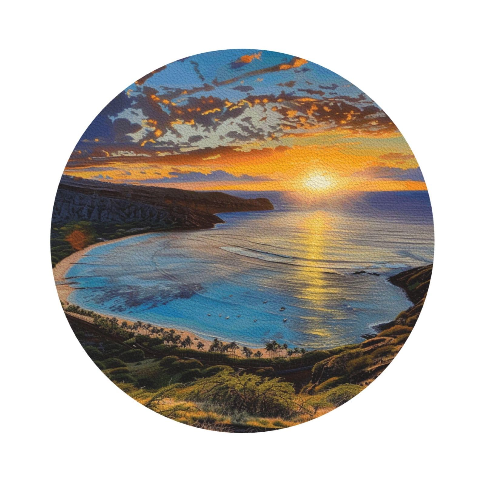 Sunrise Over Hanauma Bay Oahu Hawaii Print Leather Coaster Set of 6, Round Shape Coasters Table Decorative Coffee Cup Beverage Coasters Wine Beer Bar Coasters for Hot Drinks Table Protection
