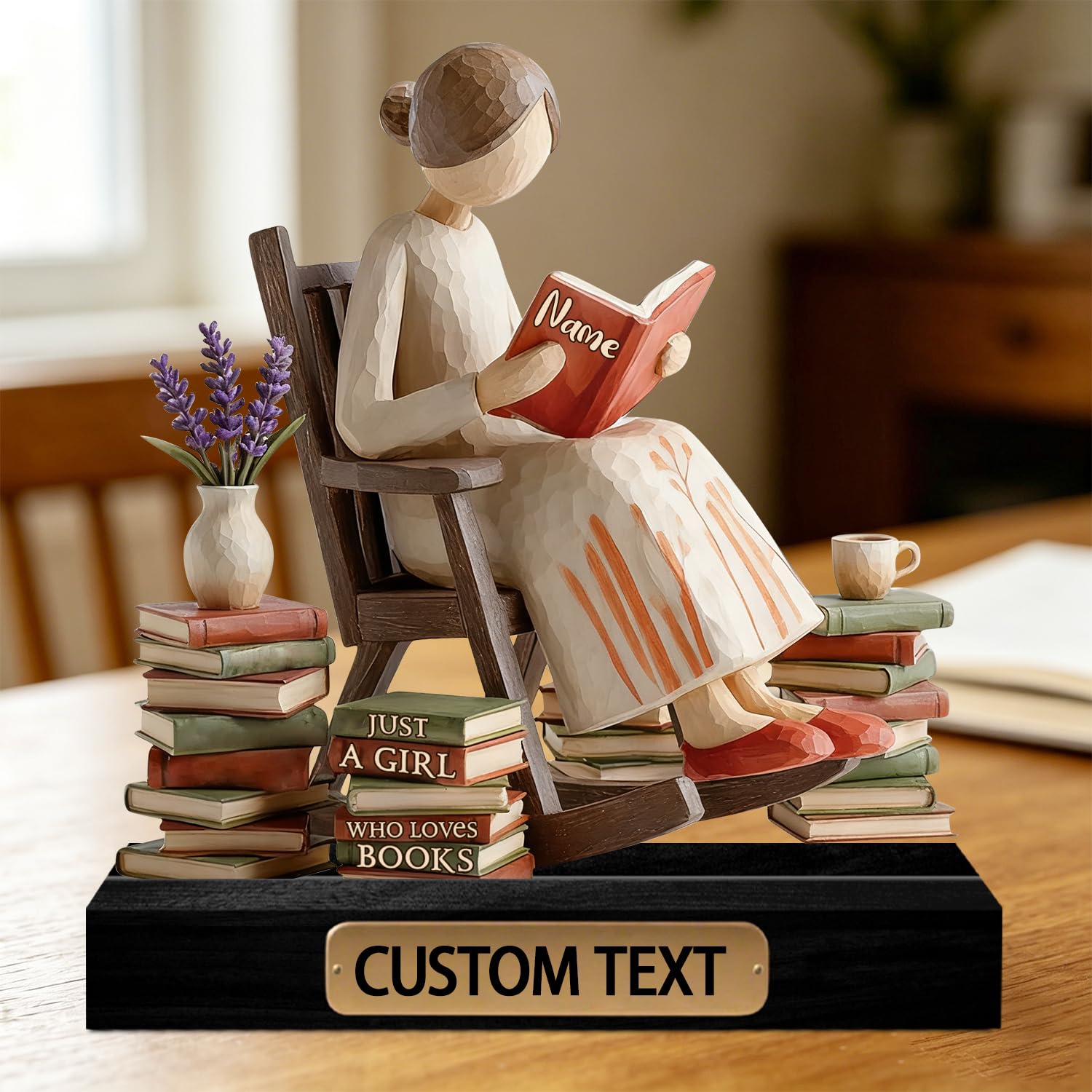 Personalized Just A Girl Who Loves Books Wooden Sign Plaque Ornaments, Custom Name Woman Reading Book Lover Desktop Ornaments Figurine Plaque, Christmas Birthday Gifts for Readers Bookish