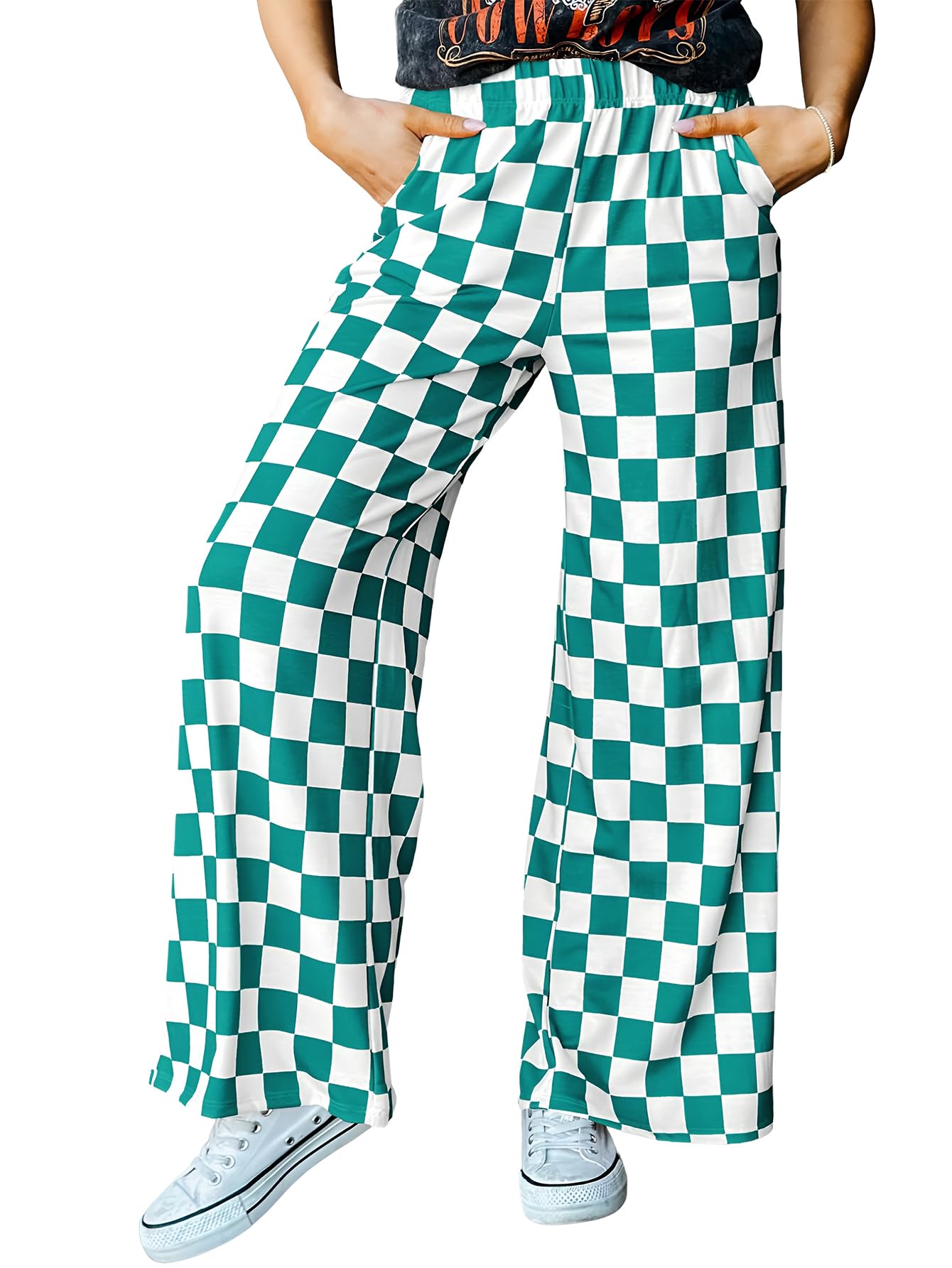 YKR Checkered Pants Women Casual Loose Wide Leg Straight Lounge Comfy Y2K Gingham Pants with Pockets