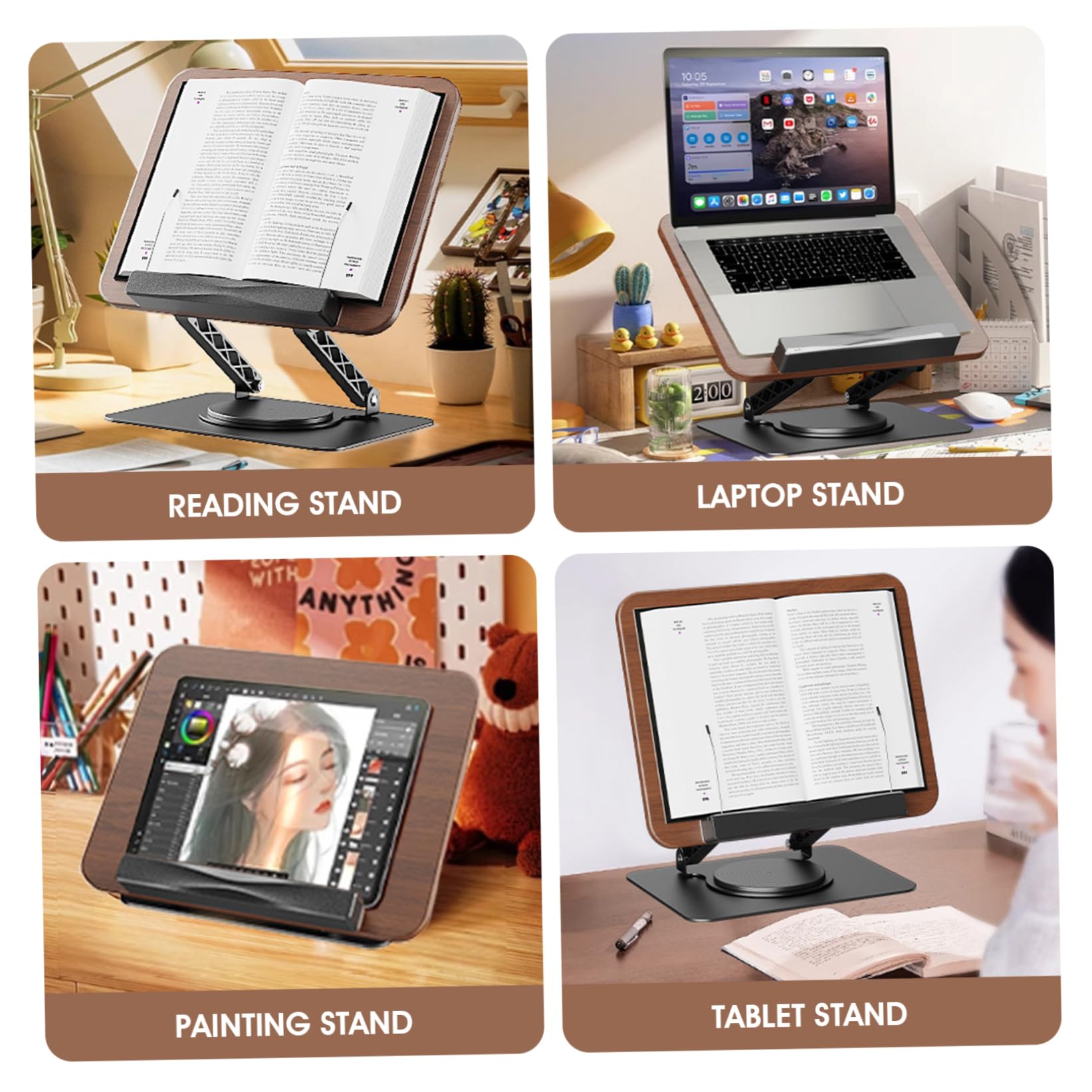 Support de livre pour la lecture, support de livre réglable pour la lecture, pliable avec bases rotatives à 360° et clips page élastiques, pour cuisine, tablette, magazine