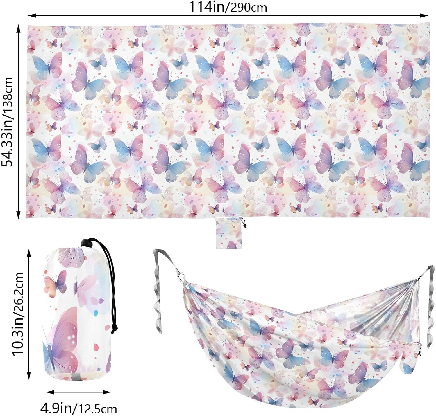 ALAZA Pink & Blue Butterfly Camping Hammocks Single or 2 Person 500 lbs Portable Parachute Travel Hammock w/Tree Straps for Hiking Backpacking Indoor Outdoor