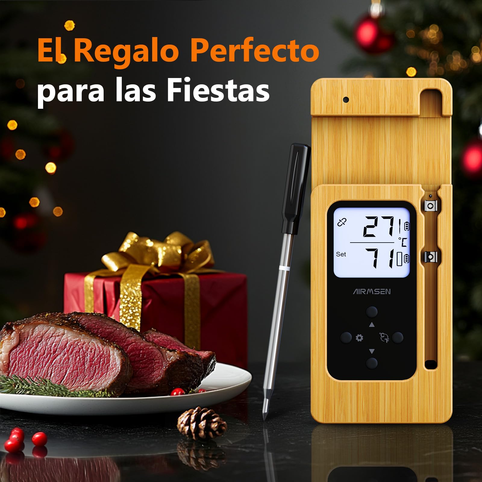 AIRMSEN Termómetro de Carne Inalámbrico con Pantalla LCD, Impermeable IPX8, Termómetro de Barbacoa Bluetooth con Alcance de 150m, Control por App, Mango de Cerámica, para Parrilla, Horno y BBQ