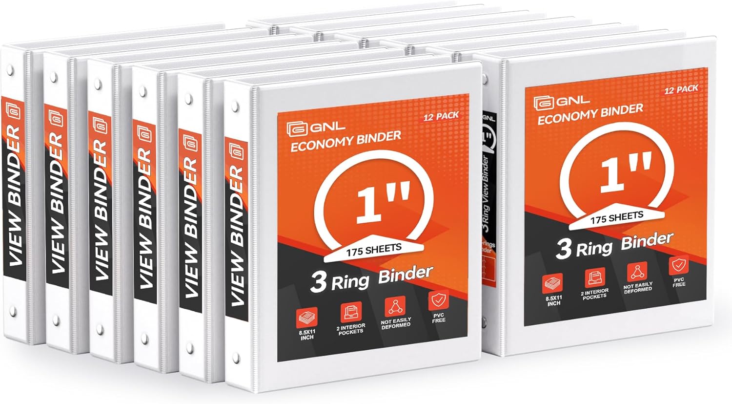 GNL 1 Inch Binders 3 Ring, 175-Sheet Capacity, Clear View Cover, PVC-Free & Non-Stick, Fits 8.5"x11" Paper, White Binders, Office & School Supplies (12-Pack)