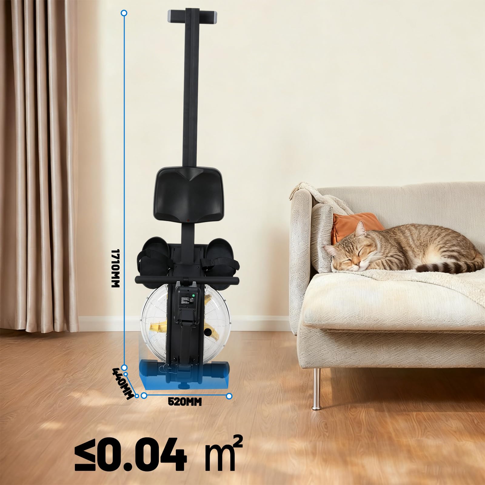Rameur Eau d'Appartement Musculation avec Résistance Réglable, Multifonction Écran LCD, Support Tablette, Rameur a Eau Rails Lisses/Siège Confortable, Rameurs Ergonomie Capacité 135KG, Noir
