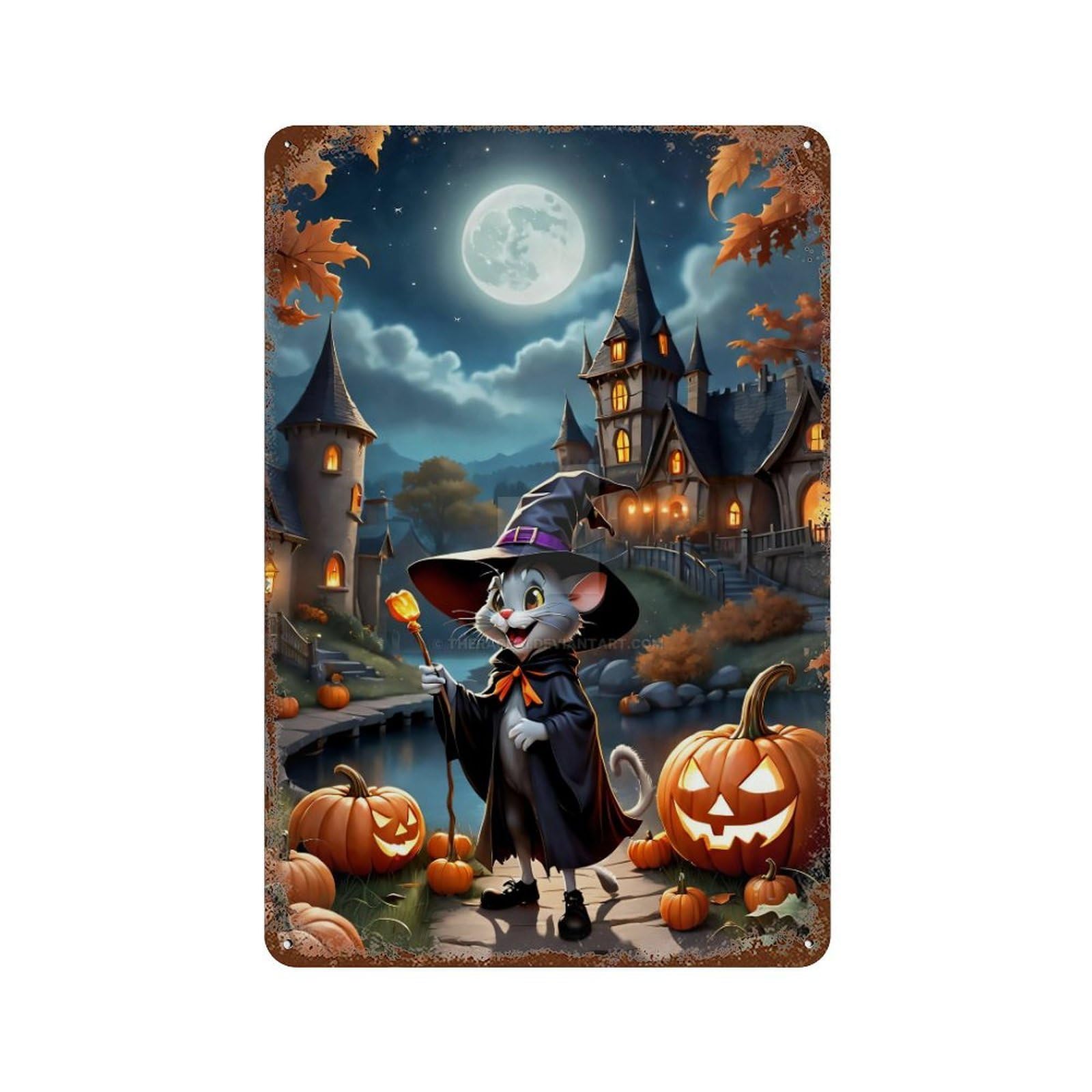 Halloween Witch Cat with Pumpkins-1 11.8"x7.9" Decorative Tin Sign, Retro Wall Decor for Bistro, Counter And Cafe Decor