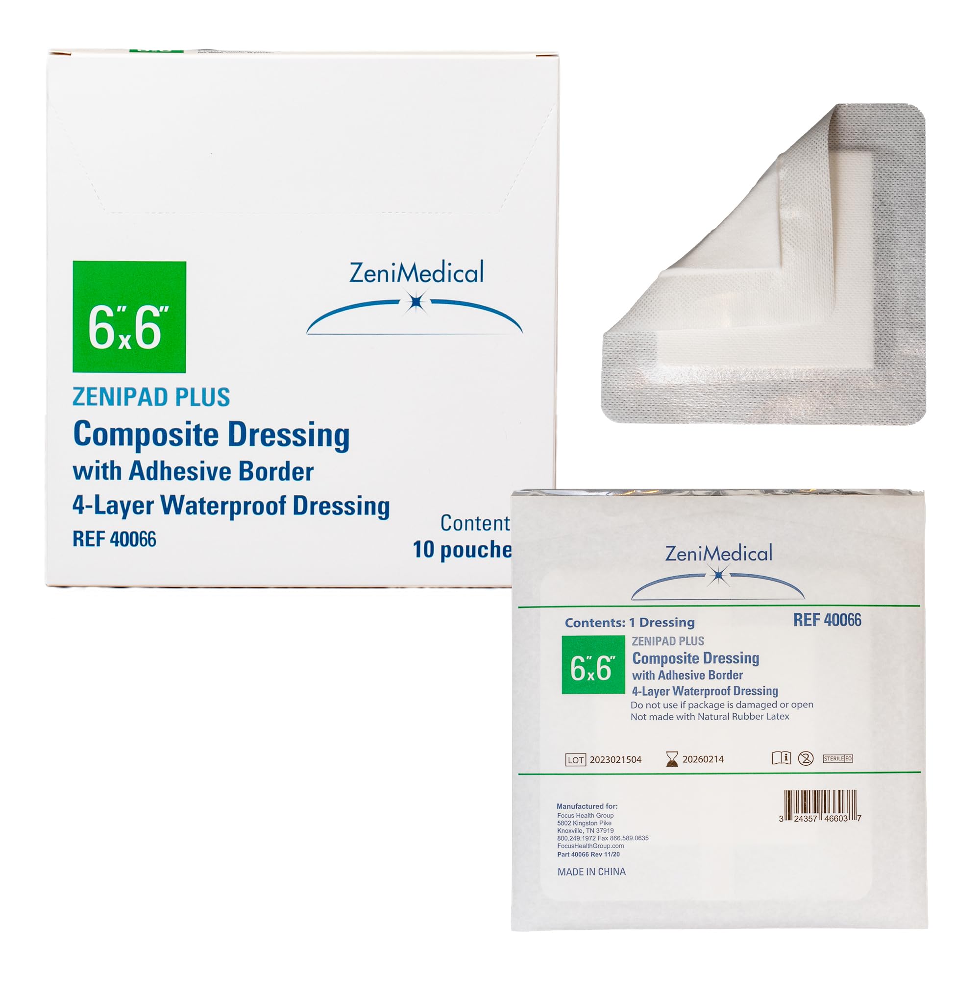 Zeni MedicalZeni Medical ZeniPad Plus (6" x 6") Multi-Layer Composite Wound Dressing with Adhesive Fabric Tape Border - Sterile, Latex-Free, Waterproof Dressing for Wounds, 10/Box