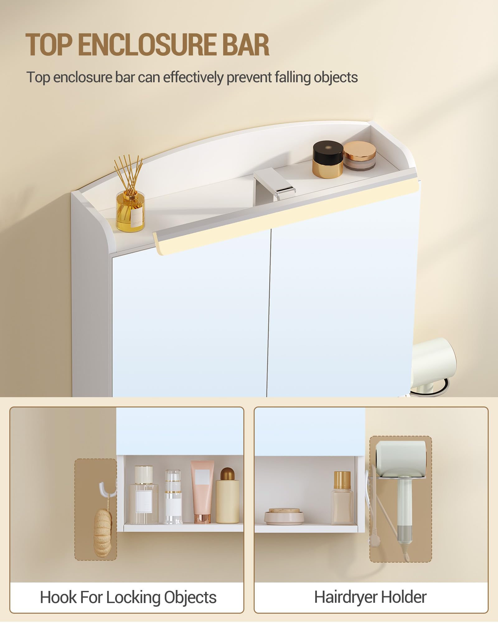 Hzuaneri Bathroom Cabinet with Mirror, LED Lights, Hair Dryer Shelf, Hooks, White, 16.5 x 70 x 75 cm - Image 6