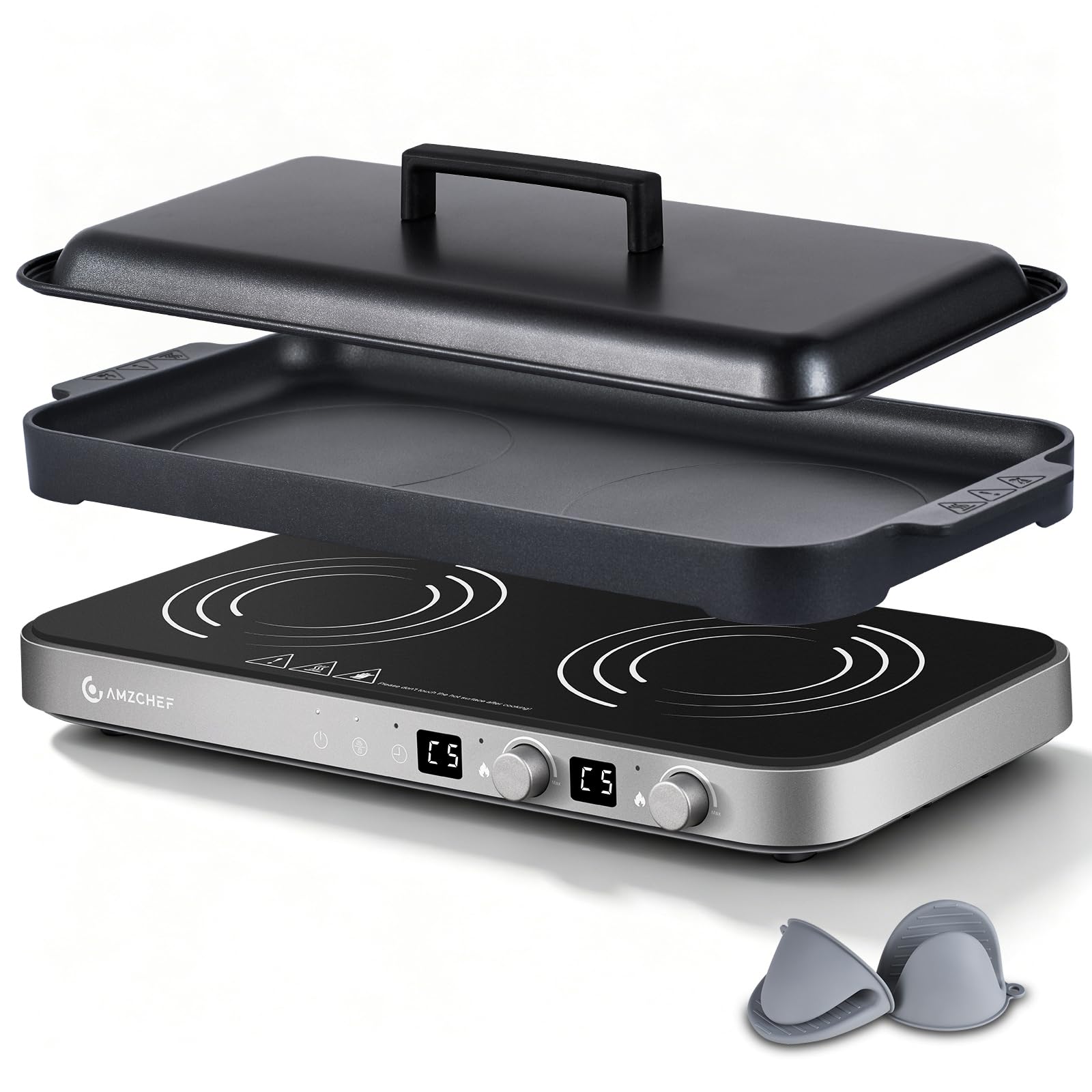 AMZCHEF 3000W Placa de Inducción Doble, Placa de Inducción 2 Fuegos Portátil con Plancha Grill Extraíble, 9 Niveles de Potencia/Temperatura, para Barbacoa Interior y Autocaravana, Gris Hierro
