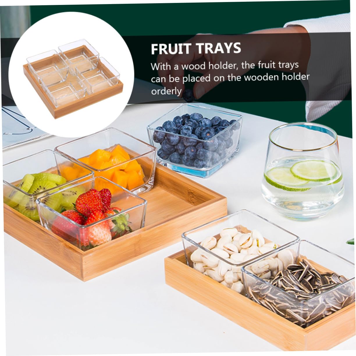Plateau à Fruits Compartimenté 4 Cases en Verre Support en Bois, Multifonction pour Noix et Fruits Secs, Service Apéritif Cuisine et Fêtes, Ensemble sans Couleur Aléatoire