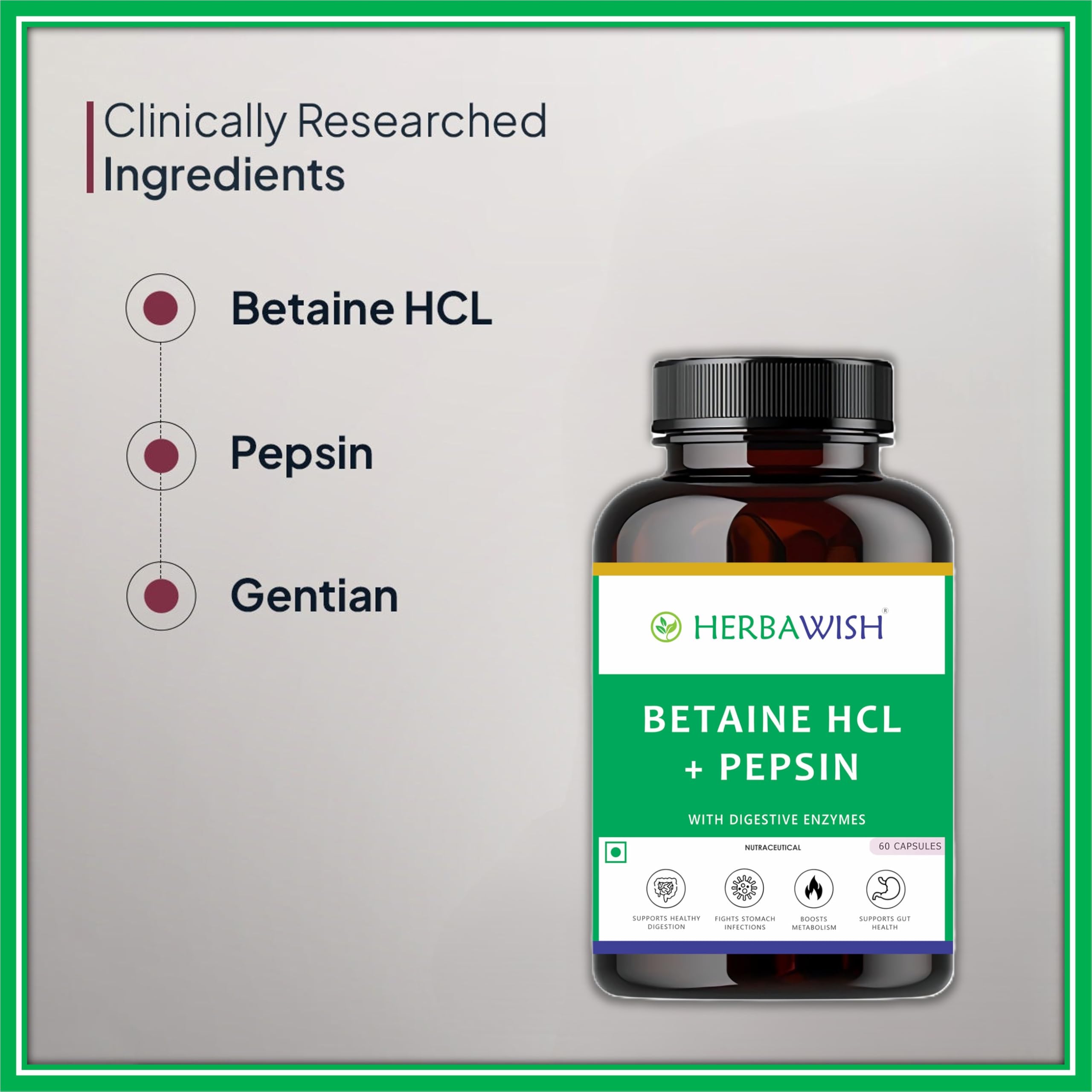 Herbawish Betaine HCL + Pepsin Capsules with Digestive Enzymes | Digestive Support Supplement for Gut Wellness, Nutrient Absorption & Digestive Comfort | 60 Capsules 3