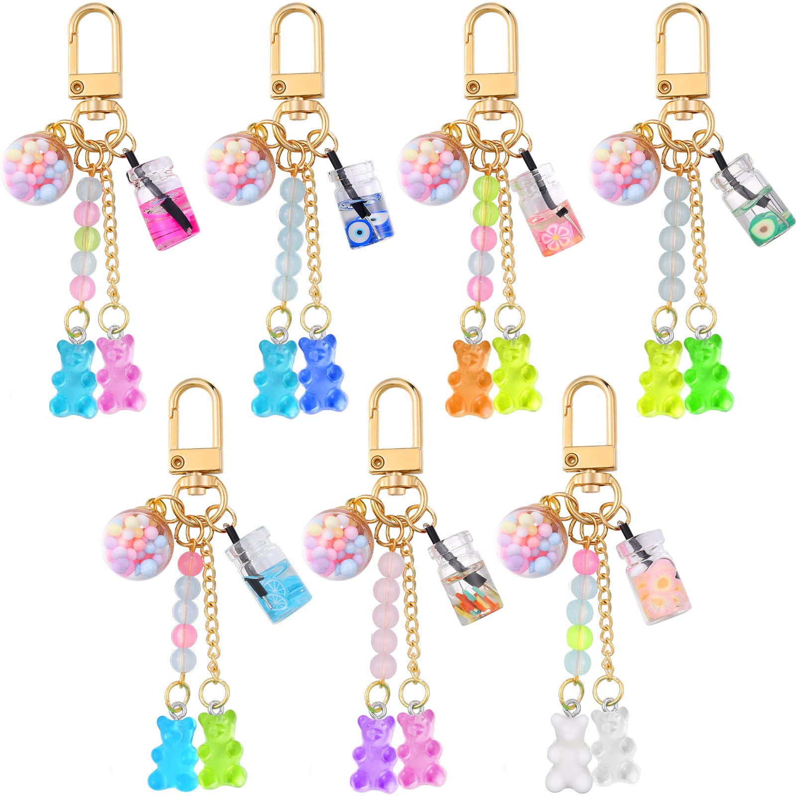 Hoosige7 Pcs Cute Bear Keychain Animal Bear Floating Bottle Handbag Pendant Keyring Multicolor Charms Car Keys Resin Keychain for Women Men Girls, 7 styles