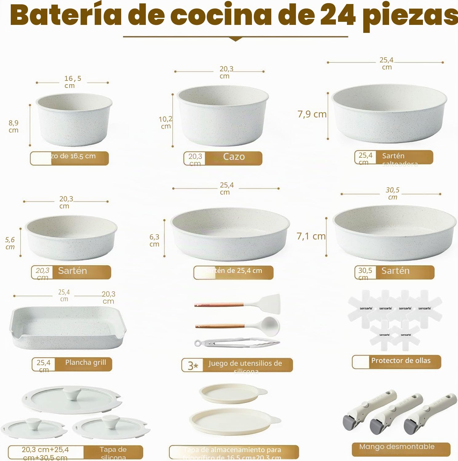 SENSARTE Juego de ollas de 24 piezas con asas extraíbles, antiadherente de granito, compatible con inducción y gas, incluye sartenes, cacerolas y parrillas, apilable y lavable en lavavajillas