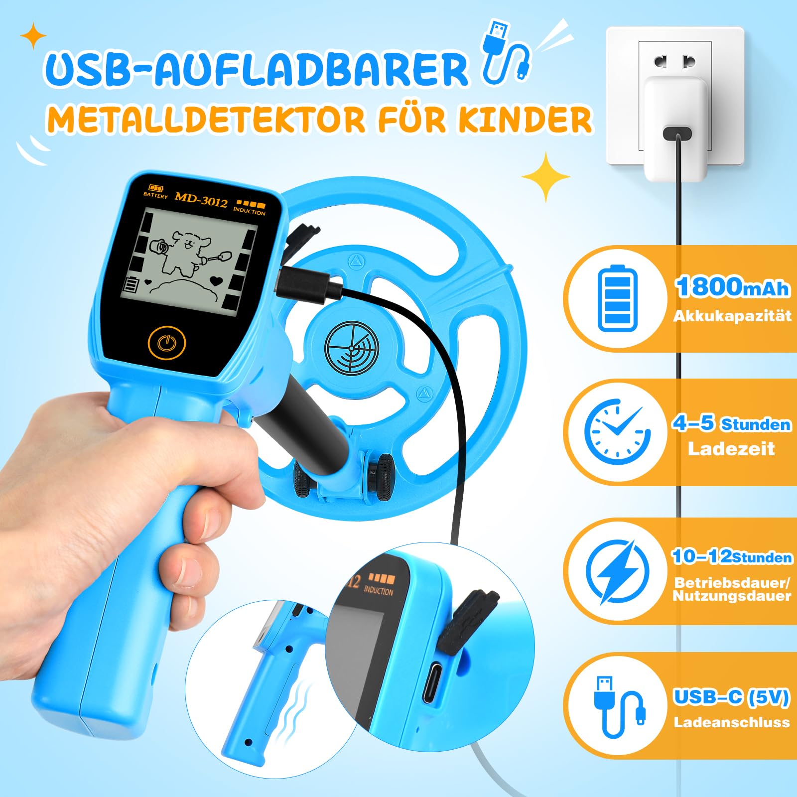 Metalldetektor Kinder, USB-wiederaufladbar Metalldetektor für Kinder, 7,36" wasserdichte Suchspule, 61-89cm Verstellbarer Griff mit LCD-Display, Strandschatzsuche Outdoor-Spielzeug für 8-12 (Blau)
