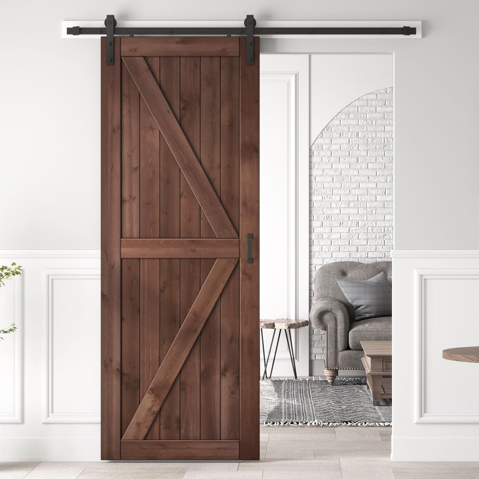 Photo 1 of ROYMELO 36x96 inch Sliding Barn Wood Door Slab with 6.6ft Hardware Kit and Handle, Coffee, K Shape, Simple DIY Assembly