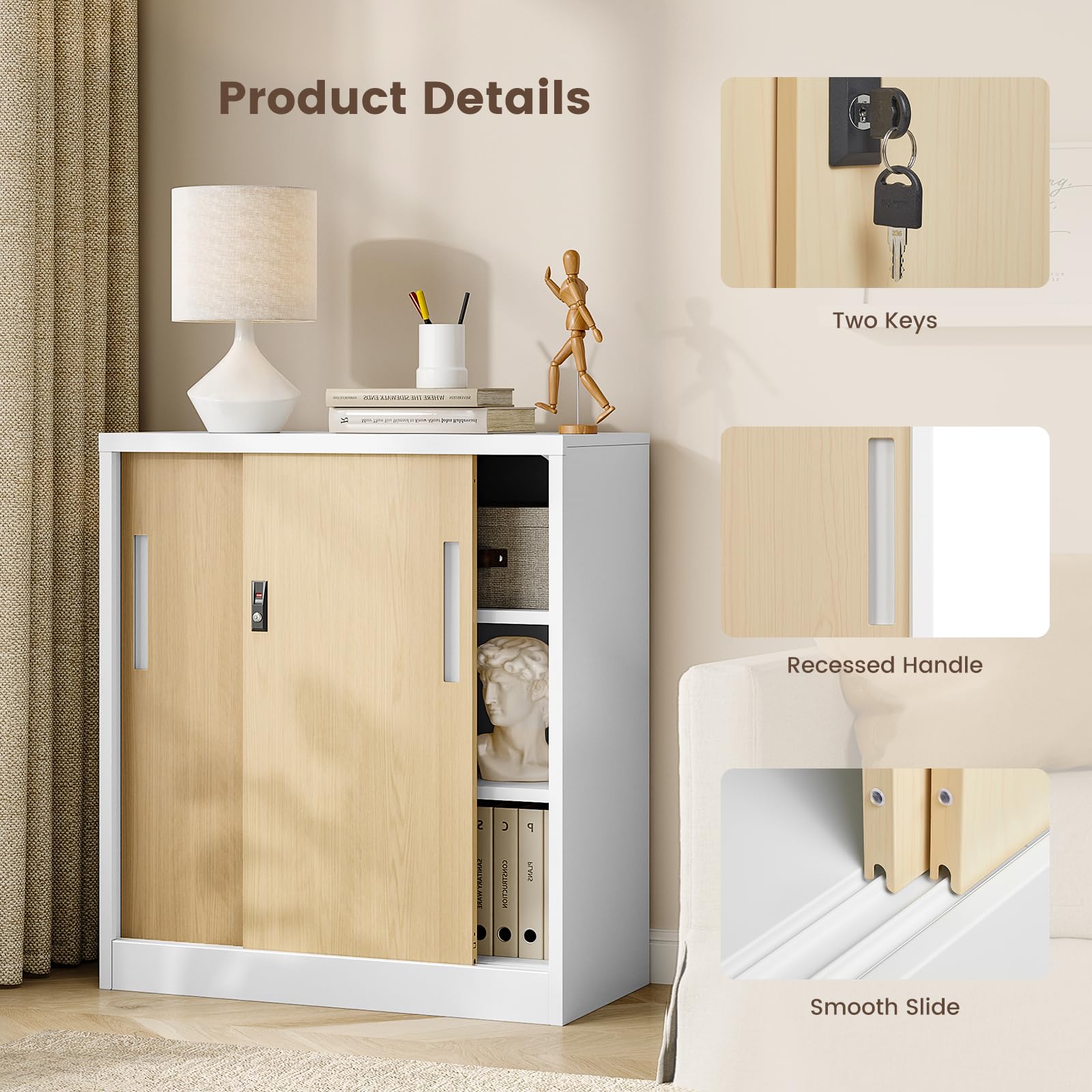 Sightlife Aktenschrank Schiebetürenschrank Büroschrank mit 2 Fächern Büromöbel Ordnerschrank Metallschrank Stahlschrank abschließbar Sideboard Büro Kommode Ordnerschrank Büromöbel 90x40x80cm