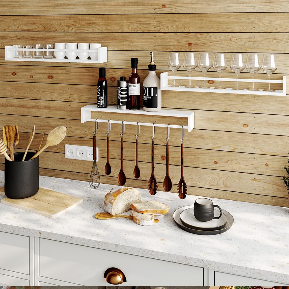 BAKAJI Set 3 Mensole da Parete in Legno, Scaffali a Muro Multiuso e Barra di Protezione Oggetti, Scaffalatura per Camera da Letto, Soggiorno, Cucina, Bagno, Libreria Salvaspazio 3 x 60 cm (Bianco)