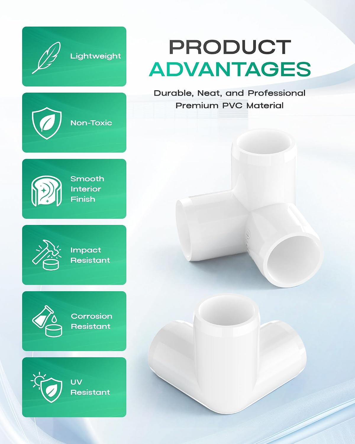 1/2 Inch 3 Way Elbow Tee PVC Fittings, Furniture Grade SCH40 PVC Tee Elbow Corner Connectors for DIY Furniture, Greenhouse & PVC Structures, 10-Pack