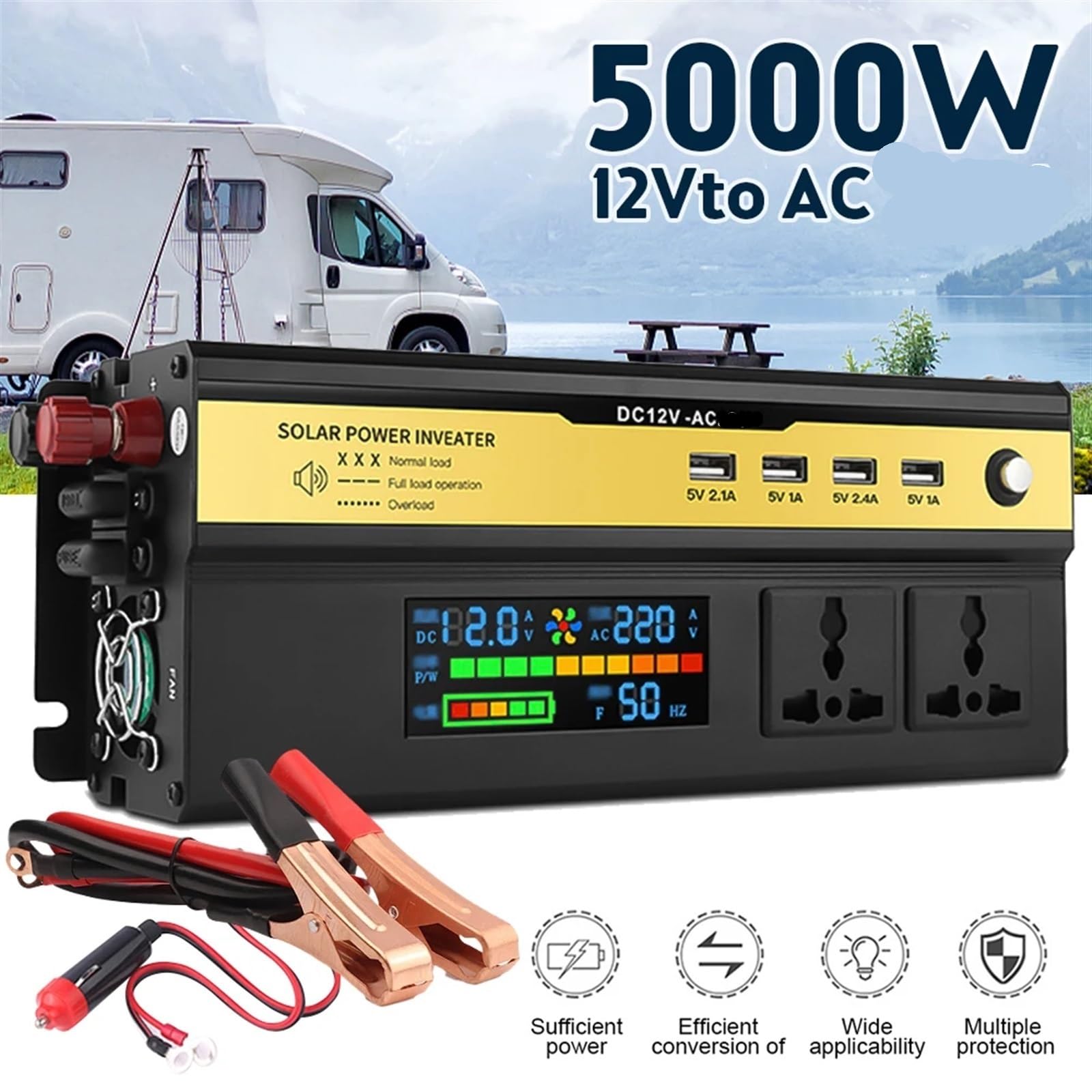 Przetwornica samochodowa DC12V/24V do AC 6000W Konwerter zasilania Adapter z ładowarką USB Uniwersalny falownik samochodowy,Chroń Swoje UrząDzenia(12v 5000W)