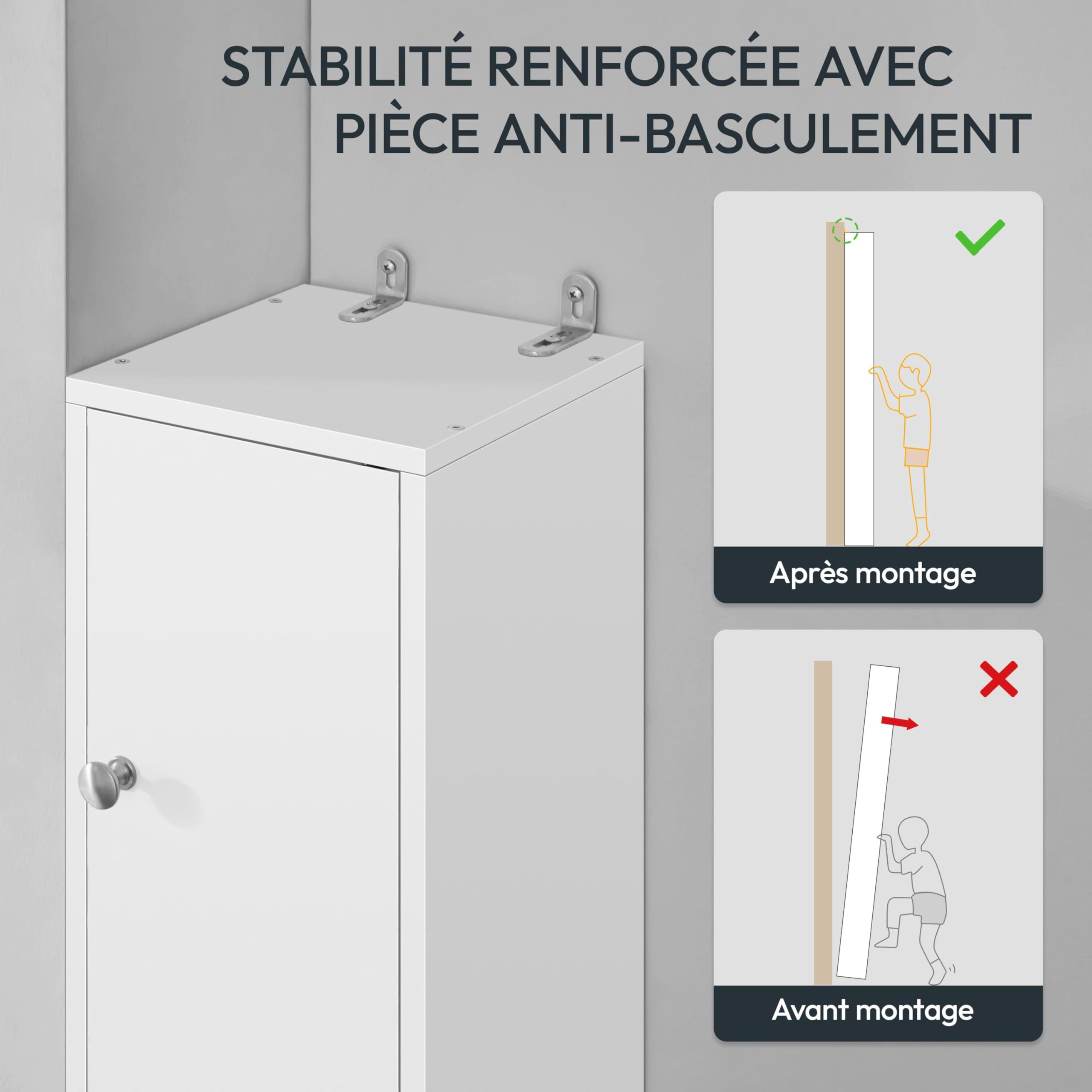 Abician Meuble Colonne Salle de Bain 20 cm - Armoire de Rangement Étroite avec Tiroir et Étagères Réglables - Meuble Salle de Bain Compact pour WC, Blanc, 20x20x180cm