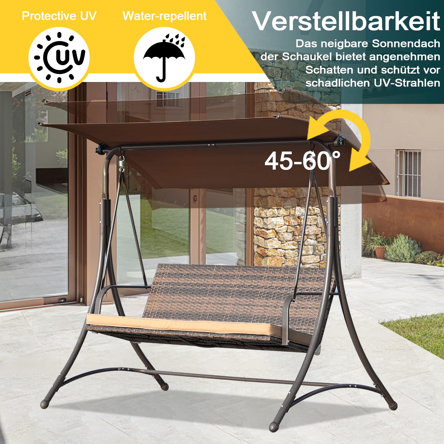 Angel Living Hollywoodschaukel Gartenschaukel Rattan 3-Sitzer mit Sonnendach und Sitzbezug170 x 110 x 157 cm (Braun)