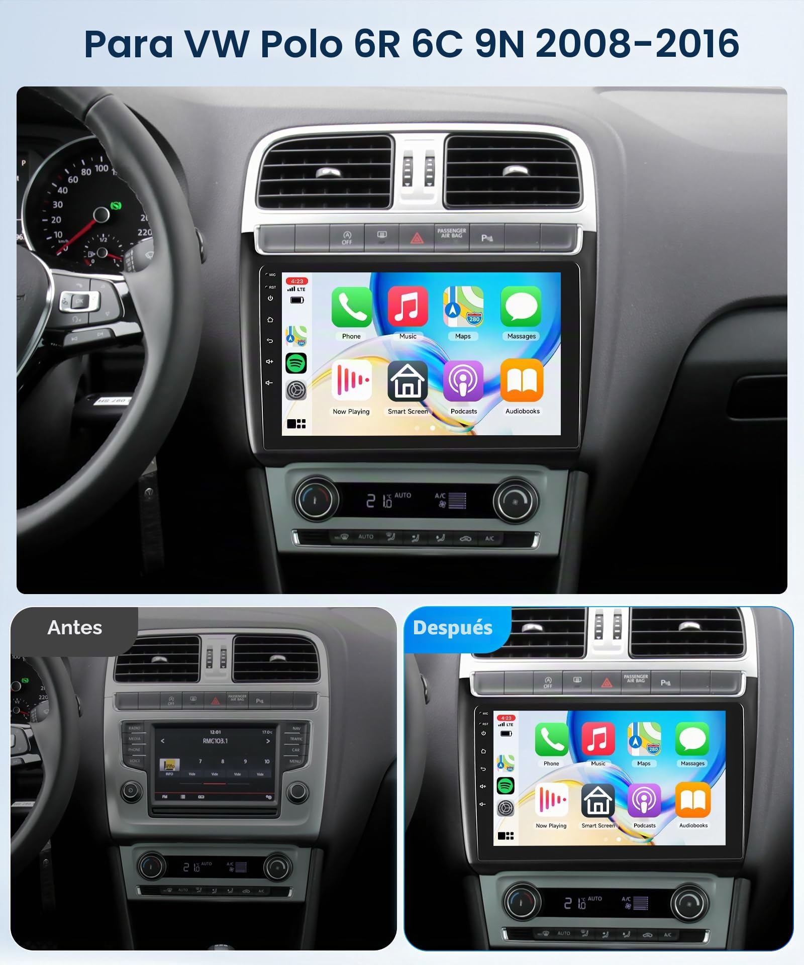 4G+64G Android Radio Coche para VW Polo 6R 6C 9N 2008-2016 9'' Pantalla con Wireless Carplay Android Auto WiFi/FM/RDS/EQ Navegación GPS Mirror Link Bluetooth Controles del Volante Cámara Trasera