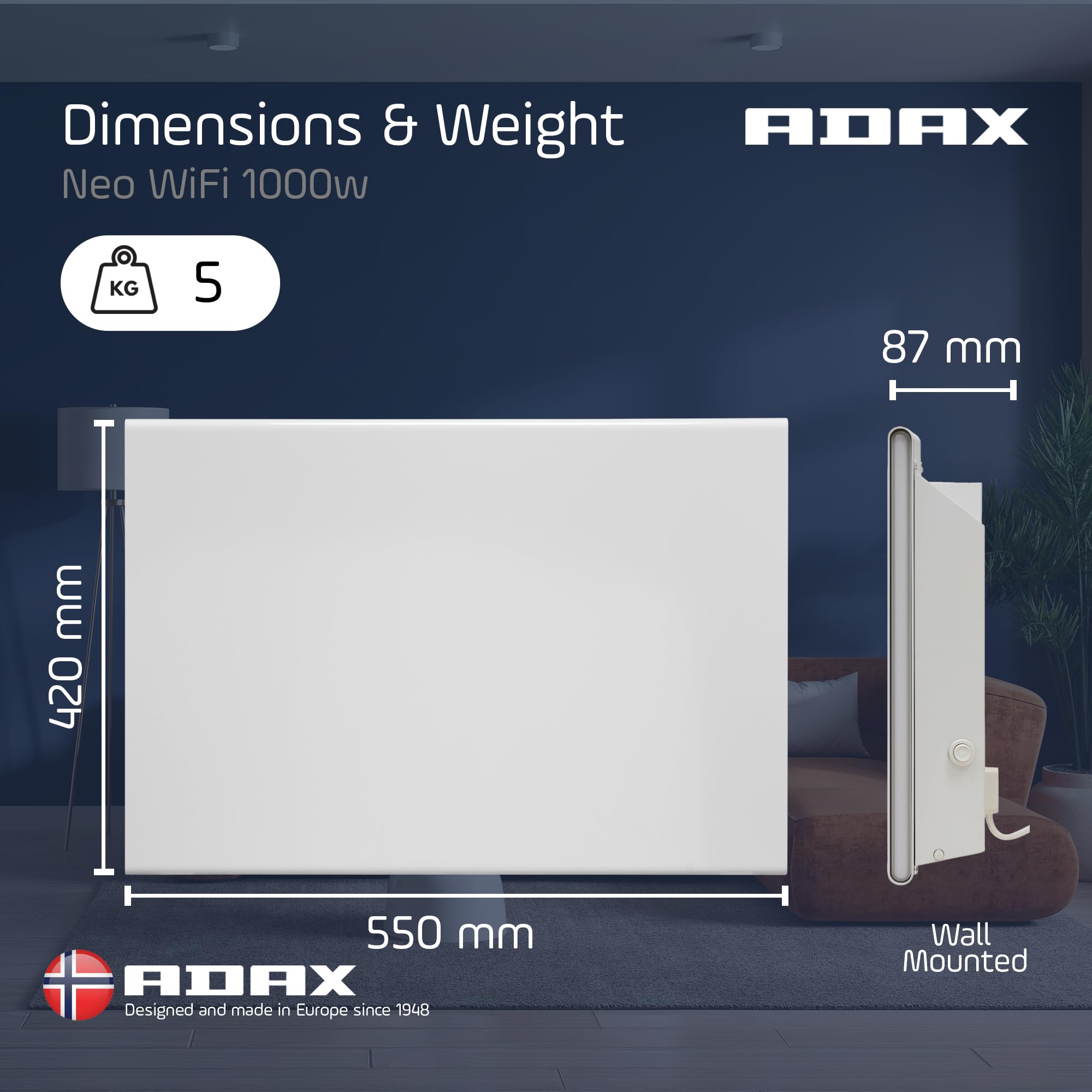ADAX Neo Wifi Elektryczny Grzejnik Panelowy/Konwektor Z Czasownikiem, Termostatem, Sterowaniem Głosowym, Odporny Na Rozbryzgi, Montaż Ścienny (Biały, 1000W)