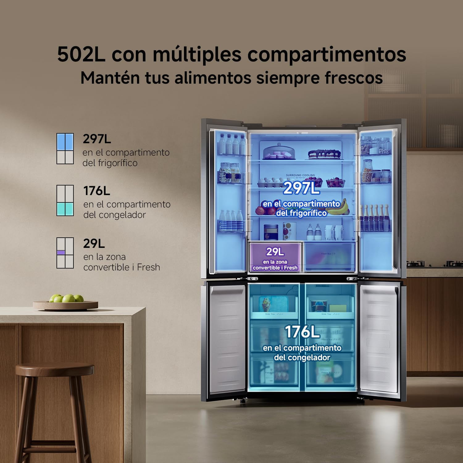 XIAOMI Mijia Cross Door Refrigerator 502L, No Frost, Ag⁺ Antibacteriana