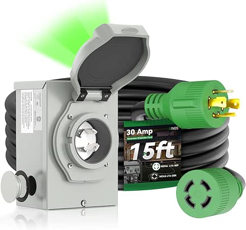 30 Amp Generator Cord 15FT and Power Inlet Box, Pre-Drilled
