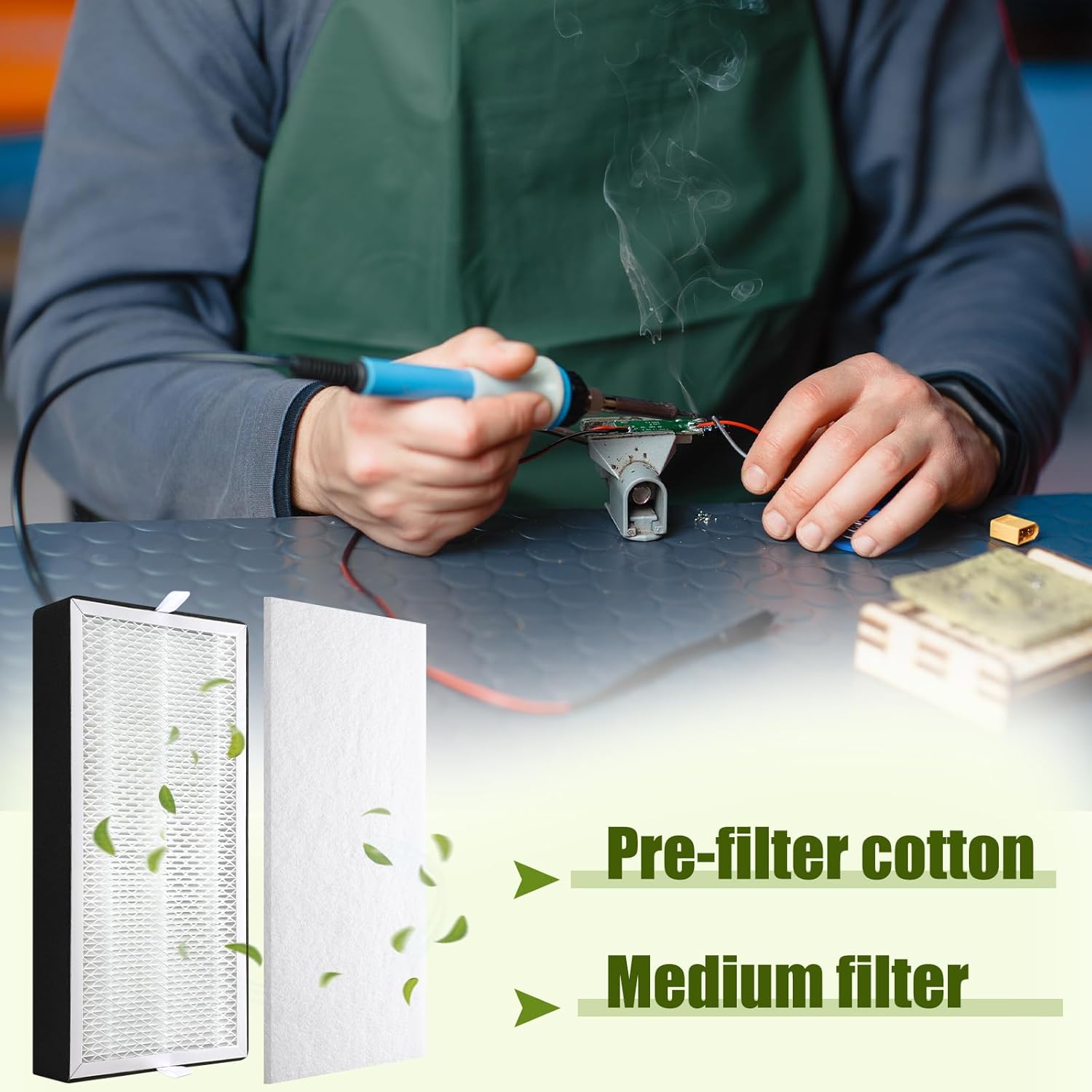 LemonRoad 4 Pcs Filter Refills Accessories Includes Medium Filter Replacement with Prefilter Cotton Replacement for Solder Fume Extractor Soldering Smoke Absorber, 14.4 x 6.9''
