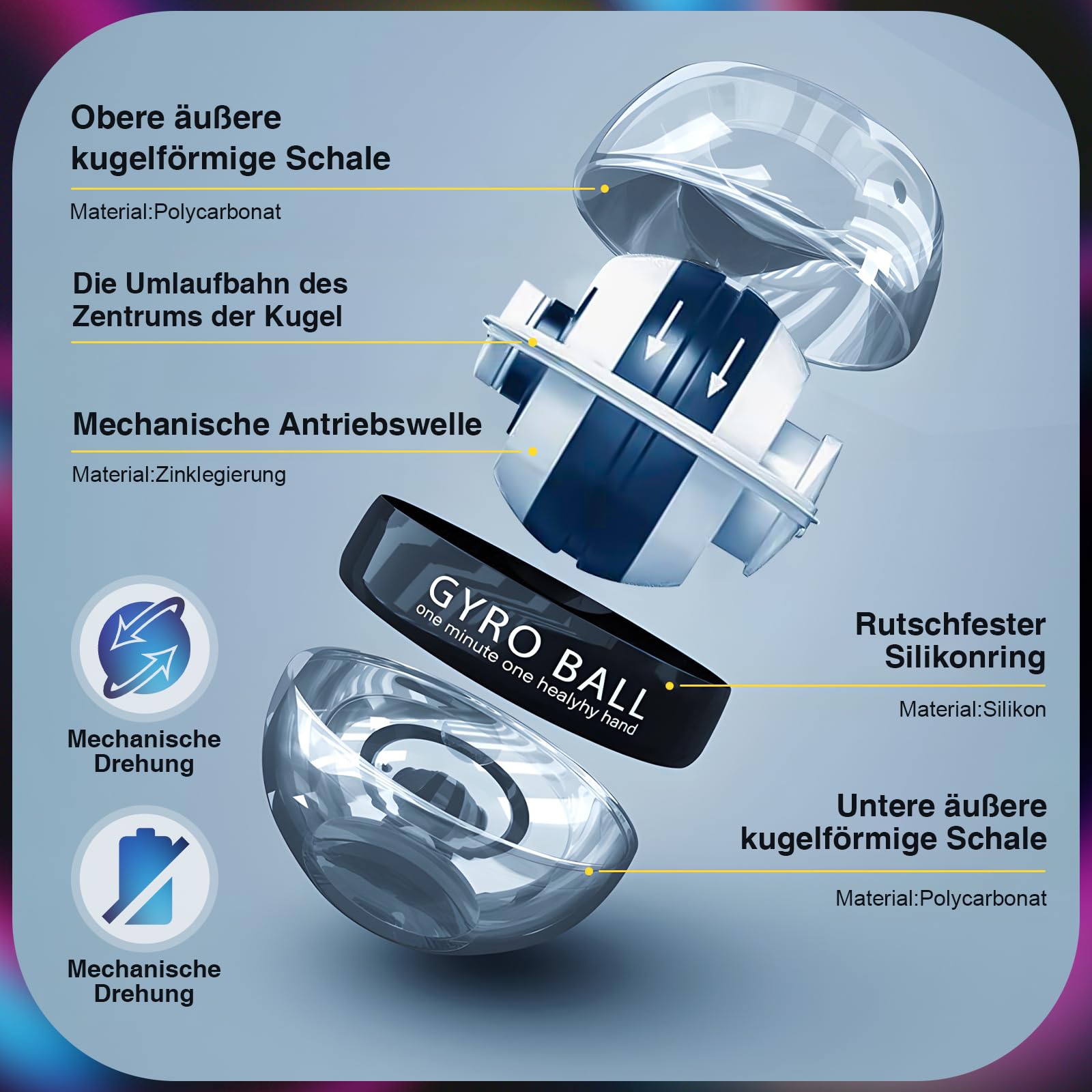 Gyroball,Handgelenktrainer-Ball,Handgelenkstärker,5-stufiger Widerstands/Lichtsteuerung,Gyroskopischer Unterarm-Trainer,Gyro-Ball zur Stärkung von Armen, Fingern,Handgelenkknochen und M