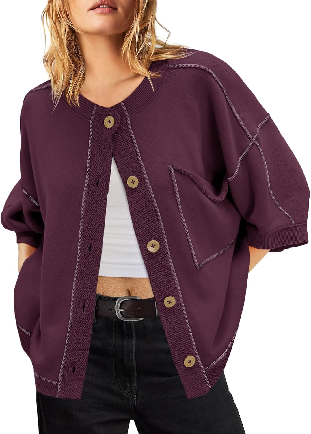 Nirovien Womens 3/4 Sleeve Crewneck Sweatshirt Casual Lightweight Cardigans Fall Button Down Shirts with Pockets
