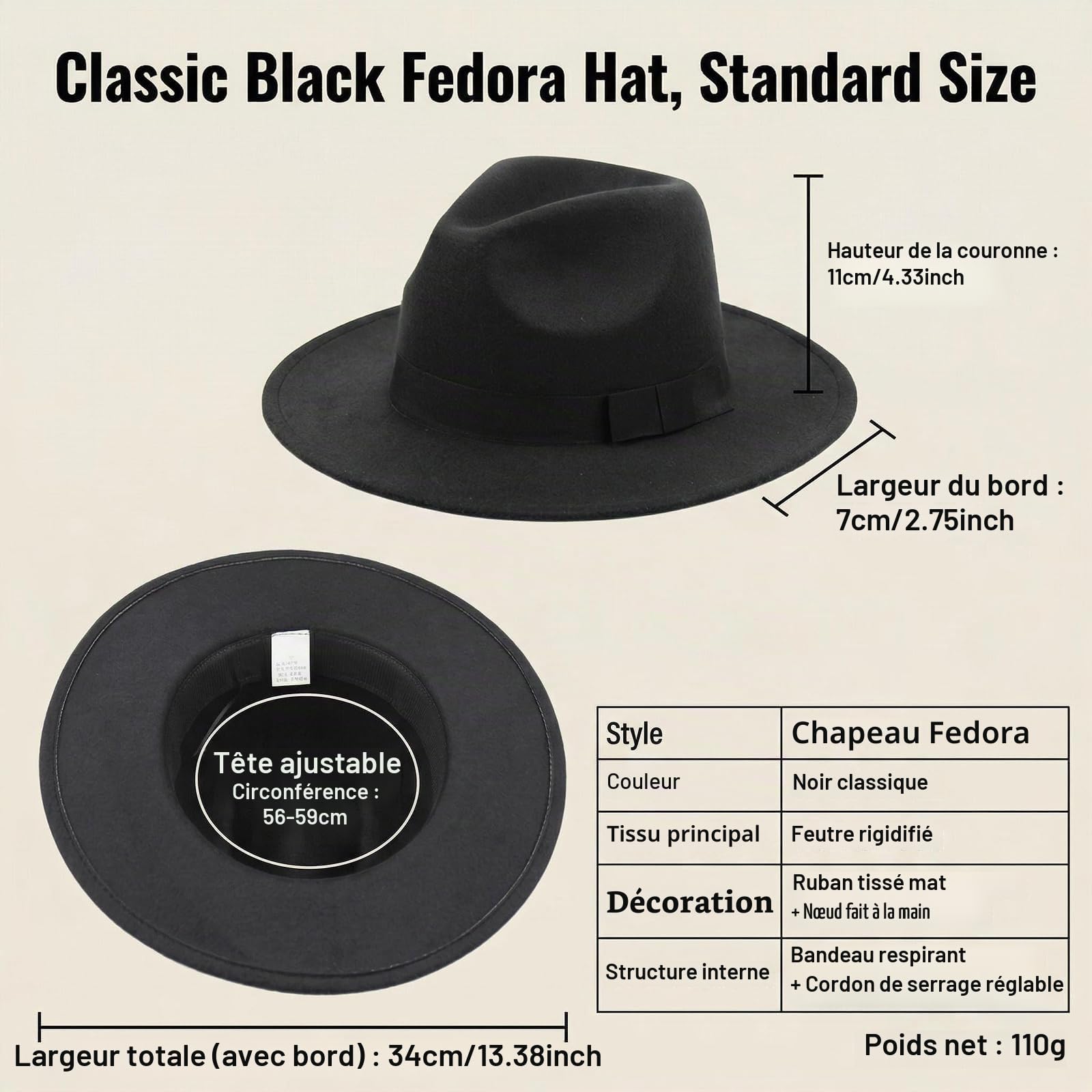 Chapeau Fedora à large bord pour femmes et hommes Upstore – Chapeau Panama classique en feutre avec bande (Circonférence de tête : 56-59 cm / 22-23 pouces) Noir
