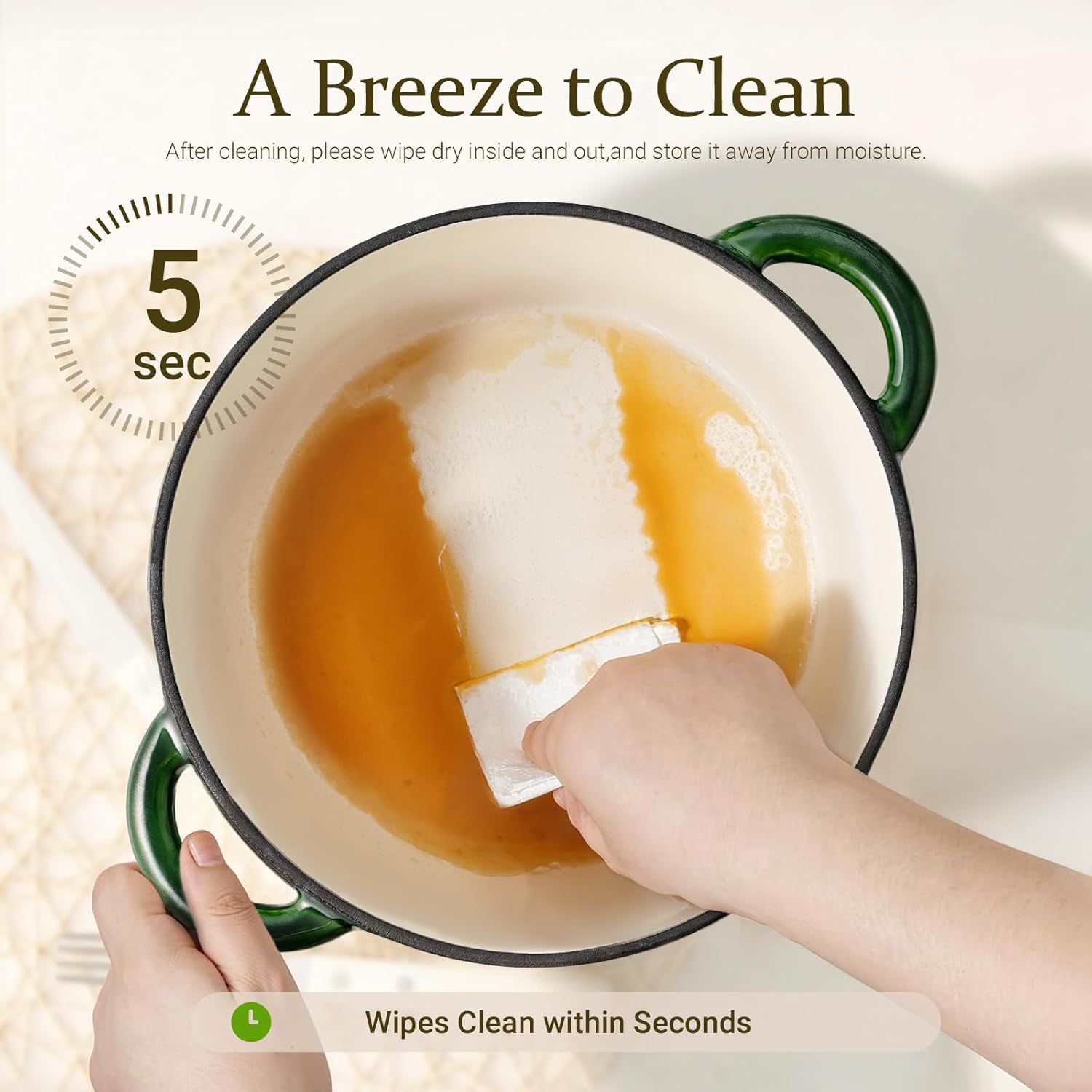 Overmont Enameled Cast Iron Dutch Oven - 5.5QT Pot with Lid Cookbook & Cotton Potholders - Heavy-Duty Cookware for Braising, Stews, Roasting, Bread Baking Glossy Green - Image 5