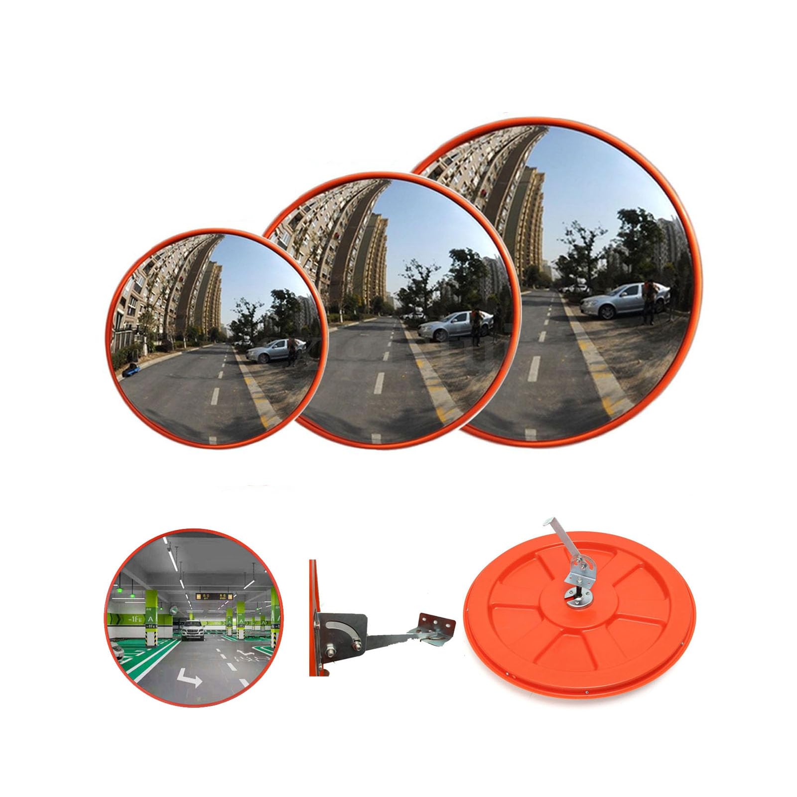 Espejo convexo para garaje y entrada, ángulo de visión de gran angular ajustable de 60 cm, espejo de seguridad curvado, soporte interior y exterior, con accesorios, fácil instalación