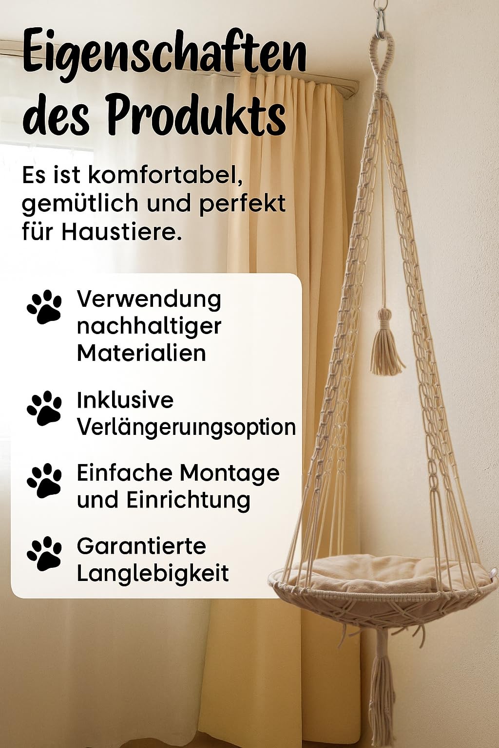 Katzen Hängeschaukel | Handgeknüpftes Katzenbett mit Kissen & Aufhängung | Katzenhängebett | Hängematte | Hamock | Hängeschauckel handgeknüpft (Naturweiß)