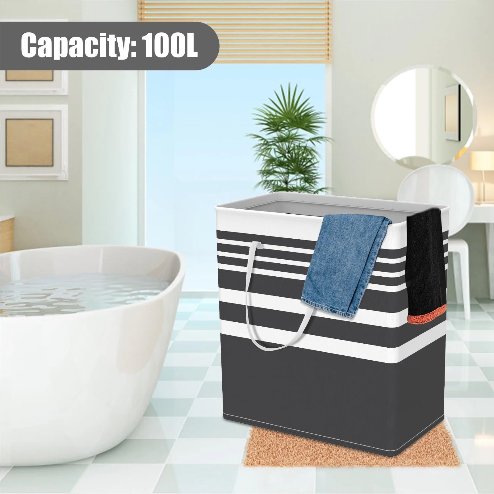 Cesta for la colada con asa, cesto for la colada de gran capacidad de 100L, cesto for la colada plegable, cesta for la colada de lona, ​​2 uds. para Baño(Black)