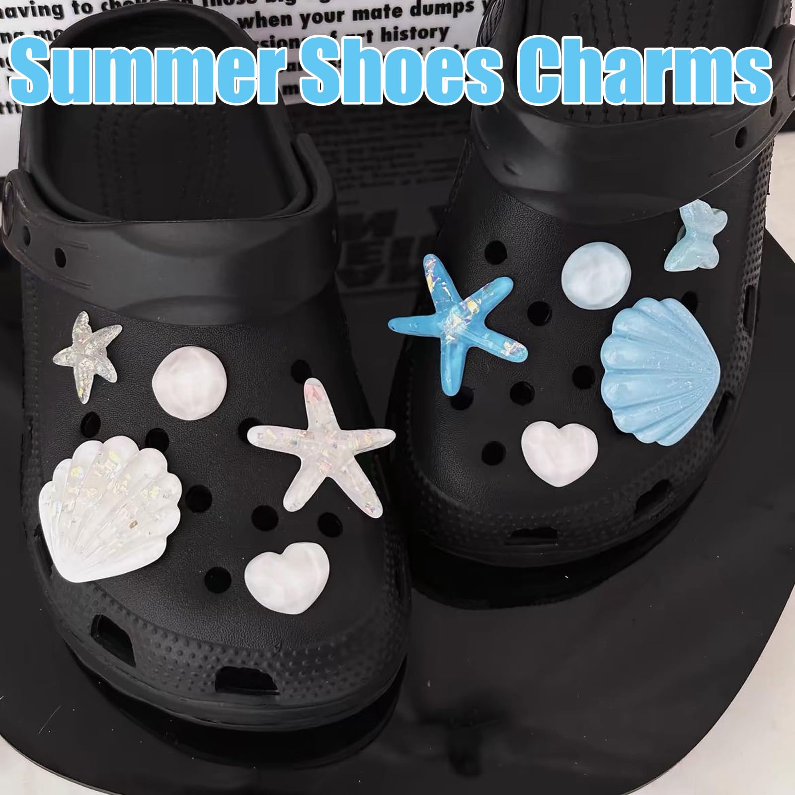 Juego de 9 dijes decorativos para zapatos, bonitos dijes brillantes para sandalias de zuecos, tema de playa de verano con estrella de mar, conchas marinas y perlas