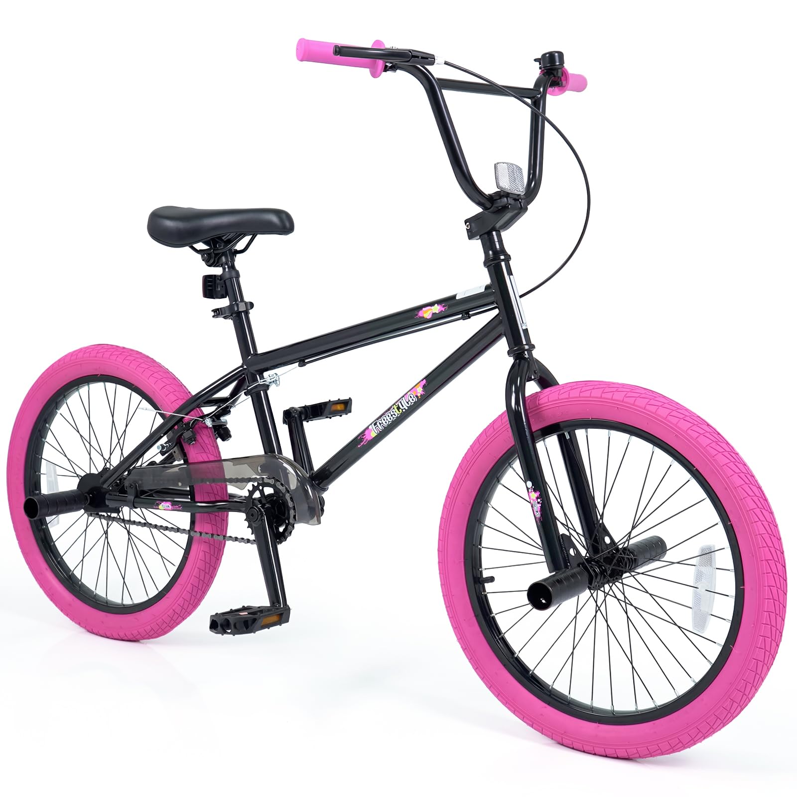 Goplus Freestyle BMX Bike, 20" Trick Bicycle w/ 360 Degree Steering, 4 Pegs, Adjustable Seat, U-Brake, High Carbon Steel Frame for Beginner Riders, Training Bike for Teens Adults (Pink)