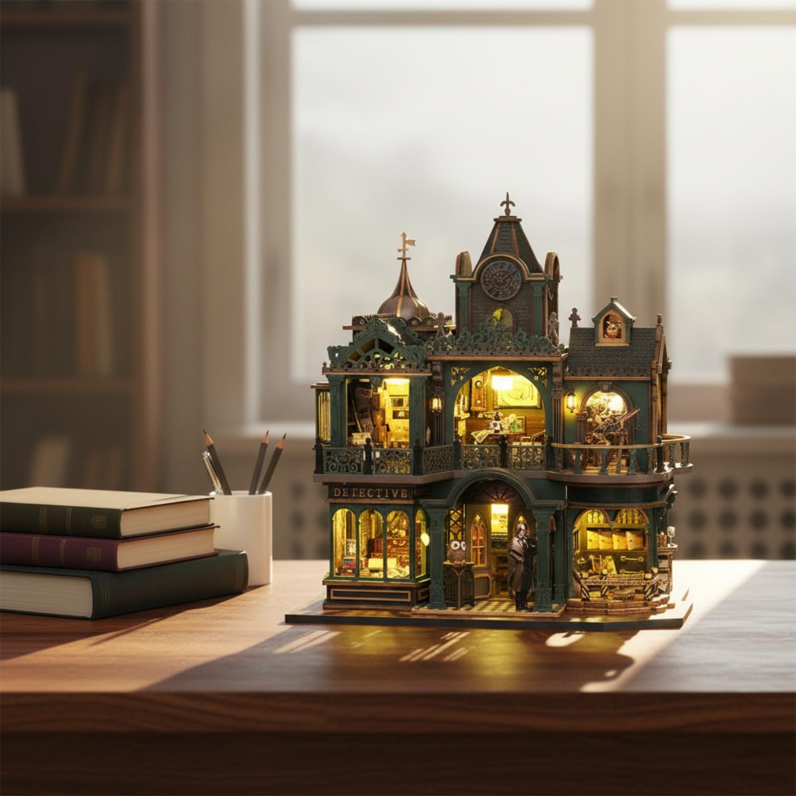 Agenzia Investigativa in Miniatura Kit Fai da Te Modello Edificio Diorama Casa in con Base Stampata Illuminazione a Scatola Materiale Legno Ferro