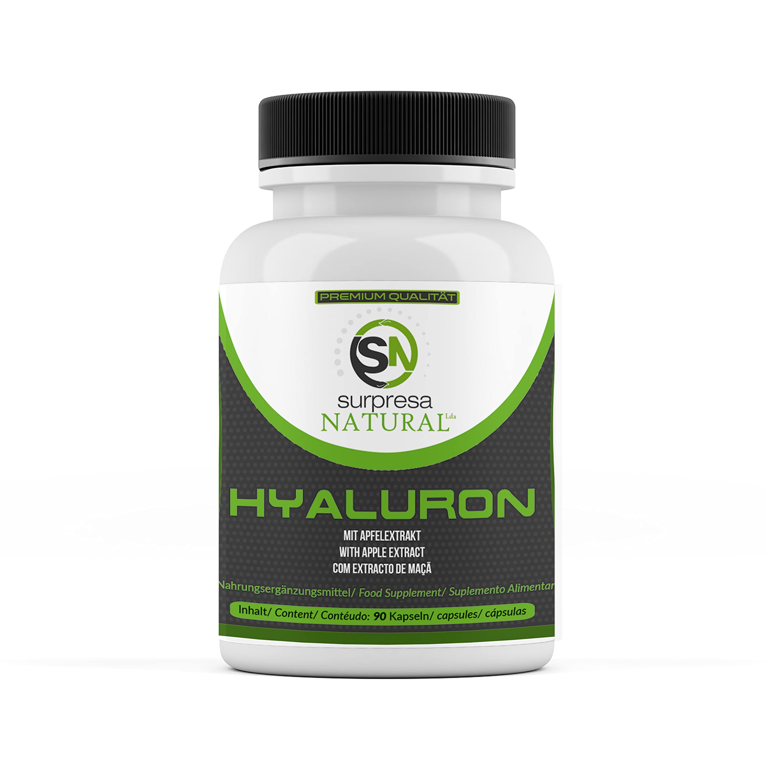 Cápsulas de ácido hialurónico, altamente dosificadas 500 mg de ácido hialurónico 500-700 kDa más 3 mg de extracto de manzana 90 cápsulas, testadas en laboratorio y veganas