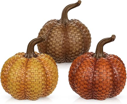 Hollyone Fall Pumpkins Decor, 3PCS Rattan Resin Pumpkins for Decorating Figurines Decorative Pumpkin for Home Autumn Harvest Thanksgiving Halloween Party Wedding Table Centerpiece Indoor Decor