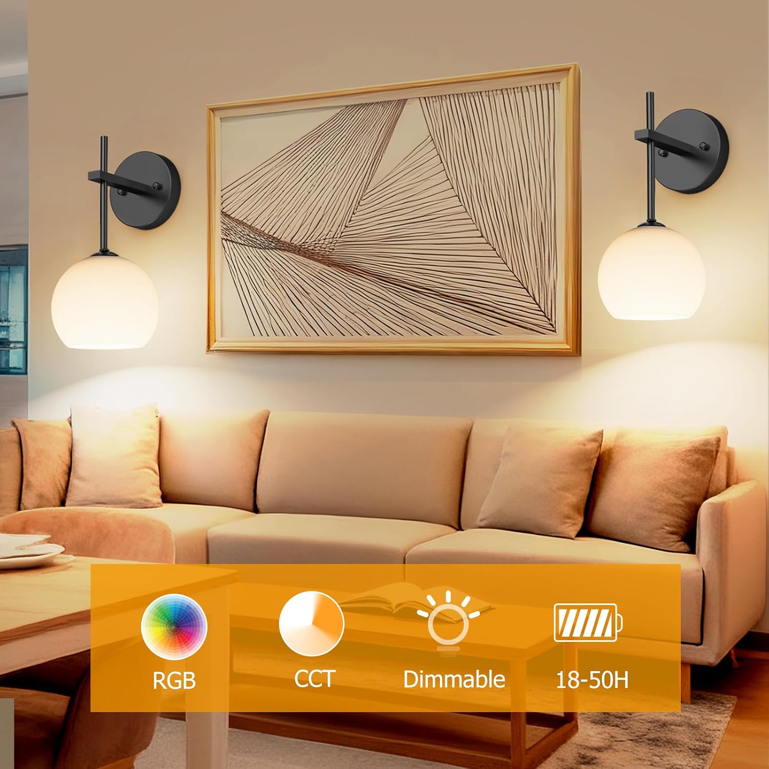 LABOREDUCER Battery Operated Wall Sconces Set of 2, Wireless Wall Sconces Decor Rechargeable Wall Light Indoor with Remote Frosted Glass LED Wall Lamp with 3 Colors RGB for Living Room Bedroom (Black)