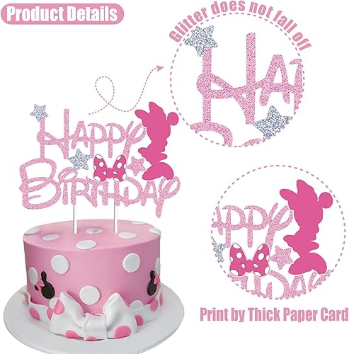 Miniatura 2 de Decoración de pastel de cumpleaños de ratón rosa para niñas, decoración de pastel de cumpleaños de ratón rosa con purpurina, decoración de fiesta de