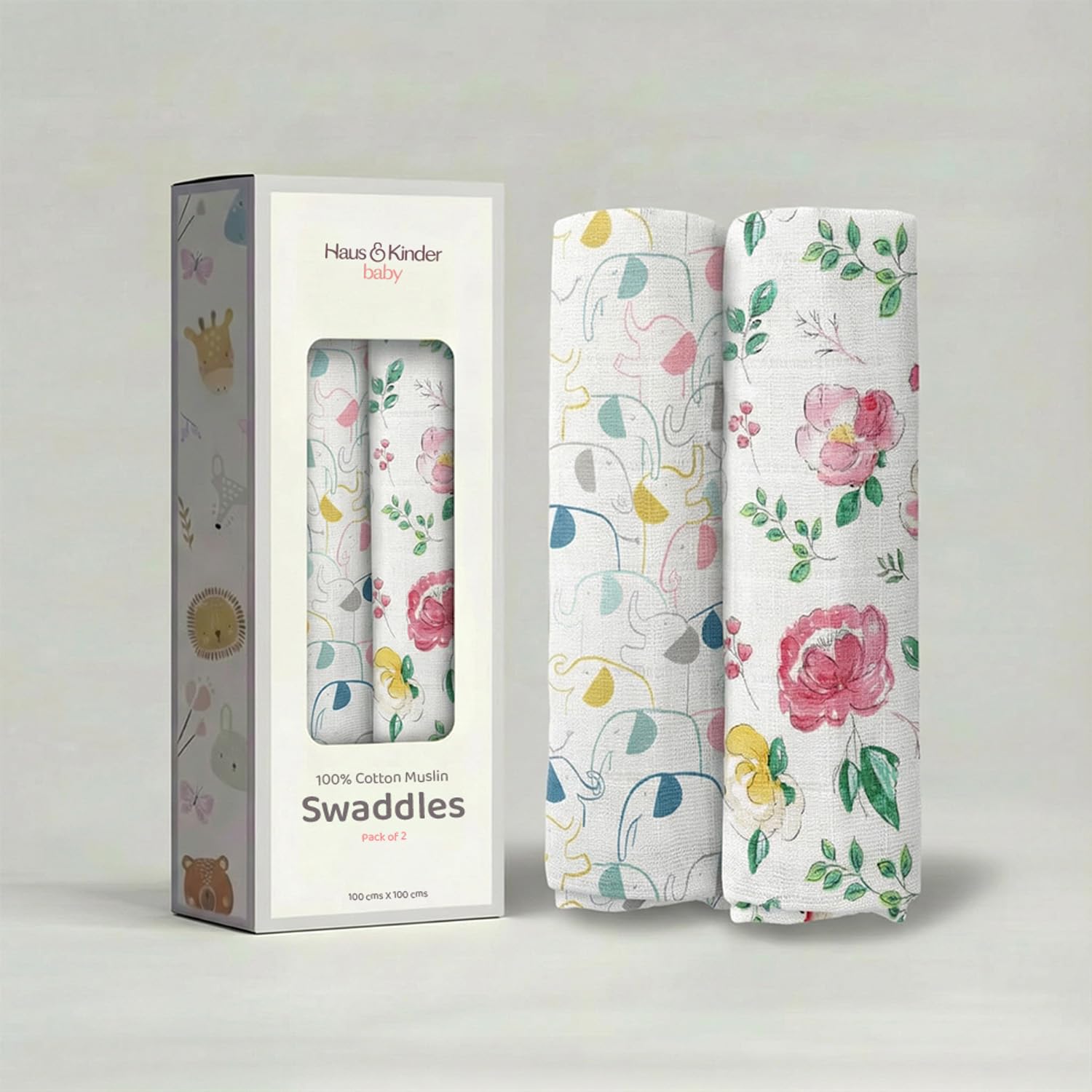 Jungle Collection 100% Cotton Muslin Swaddle Wrap for New Born Baby Boy & Girl,Soft Swaddle Cloth for New Born Swaddle,Size 100cm x 100cm,Pack of 2(Elephant-Ditsy Floral),Assorted